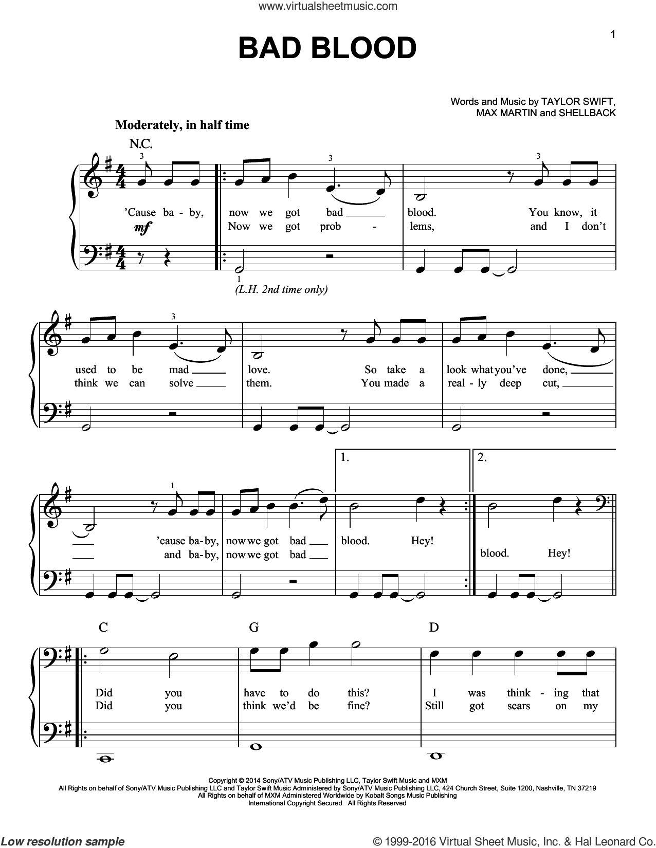 Swift Bad Blood Sheet Music For Piano Solo Pdf Interactive