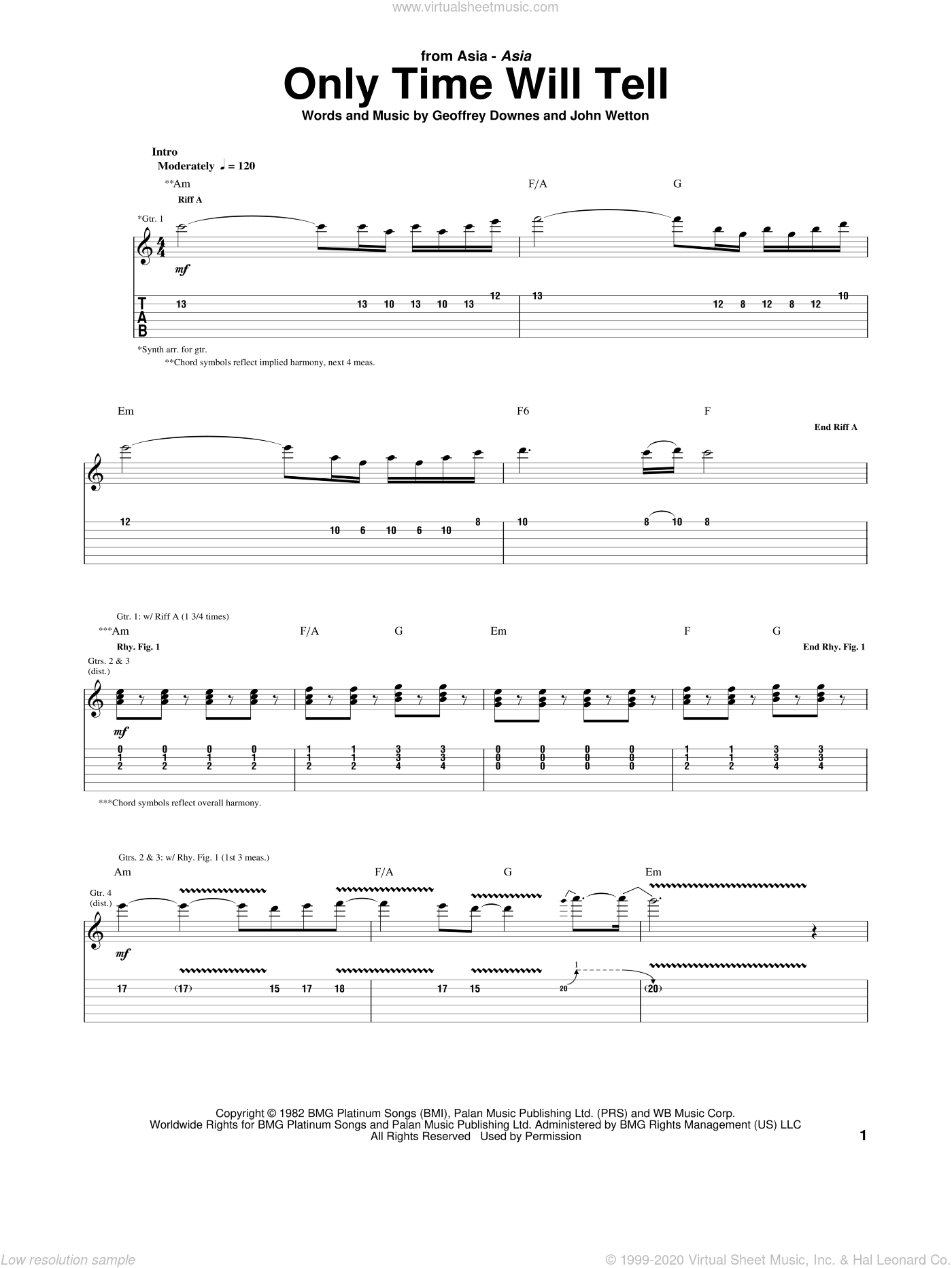 Asia Only Time Will Tell Sheet Music For Guitar Tablature