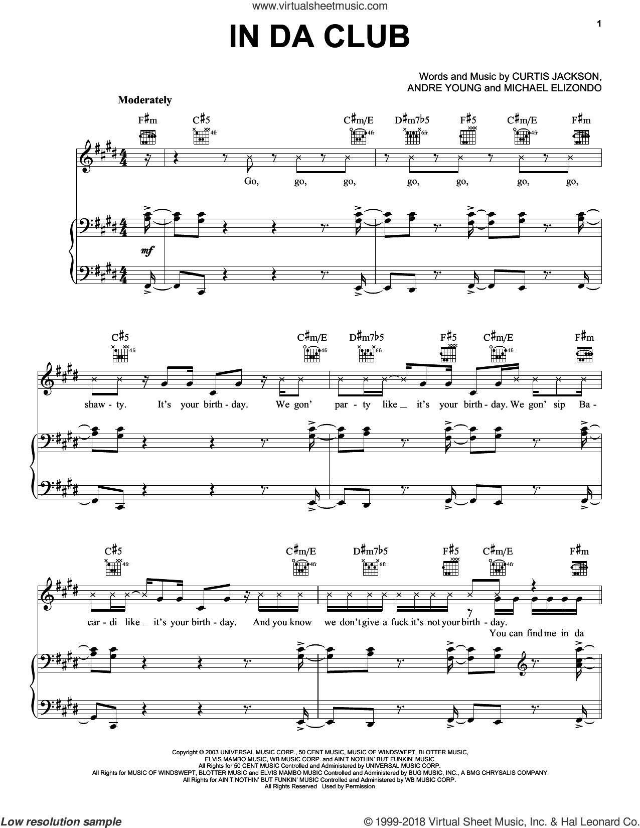 In Da Club sheet music for voice, piano or guitar (PDF)