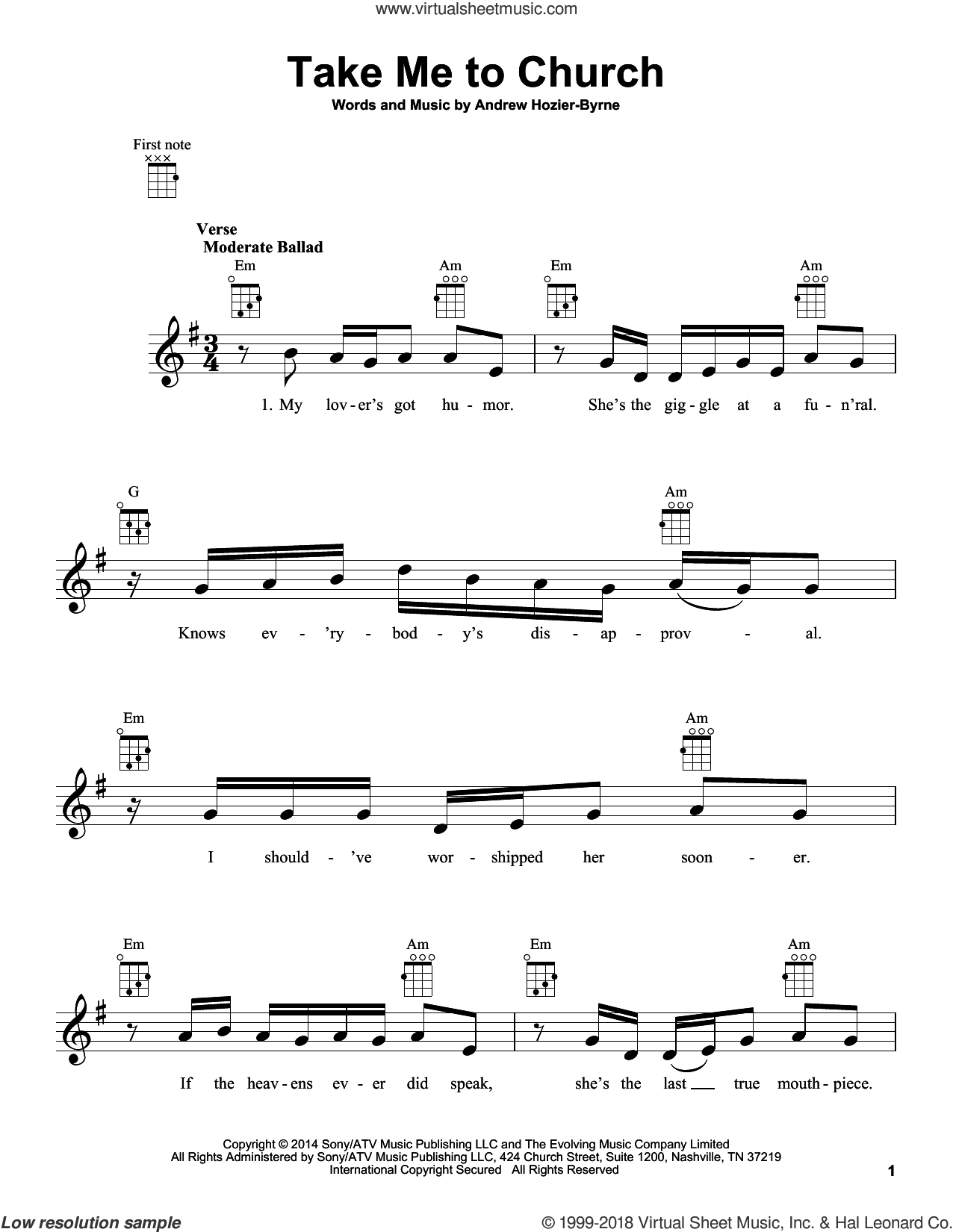 Take Me To Church sheet for ukulele (PDF-interactive)