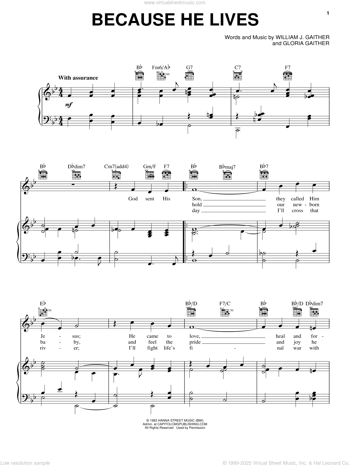 Bill & Gloria Gaither: Because He Lives sheet music for voice, piano or guitar for Free Printable Because He Lives Sheet Music