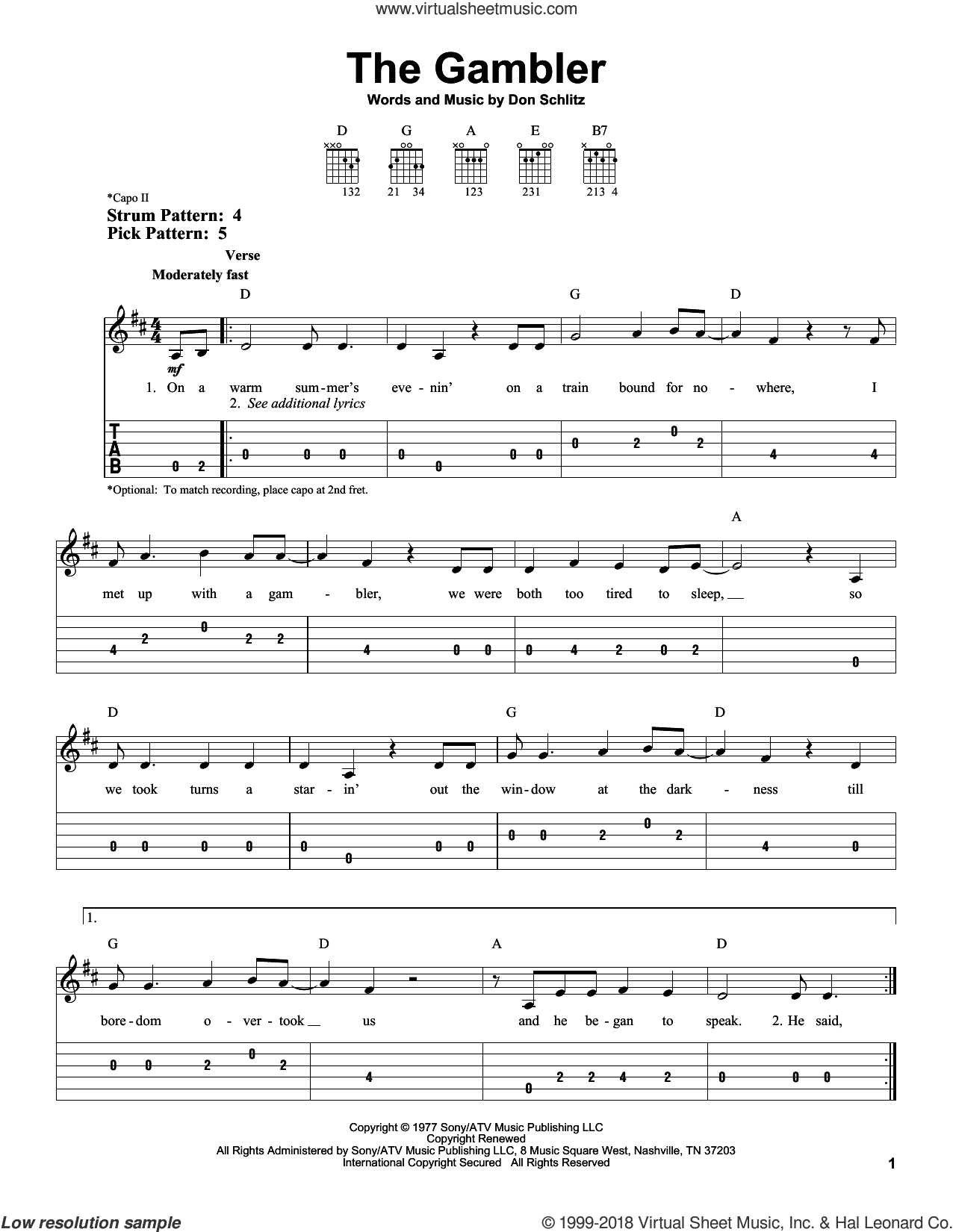 Rogers - The Gambler sheet music for guitar solo (easy tablature)