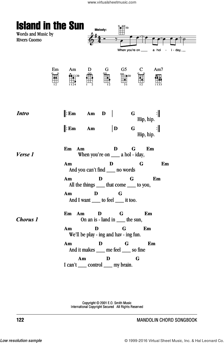 Weezer Island In The Sun Sheet Music For Mandolin Chords Only