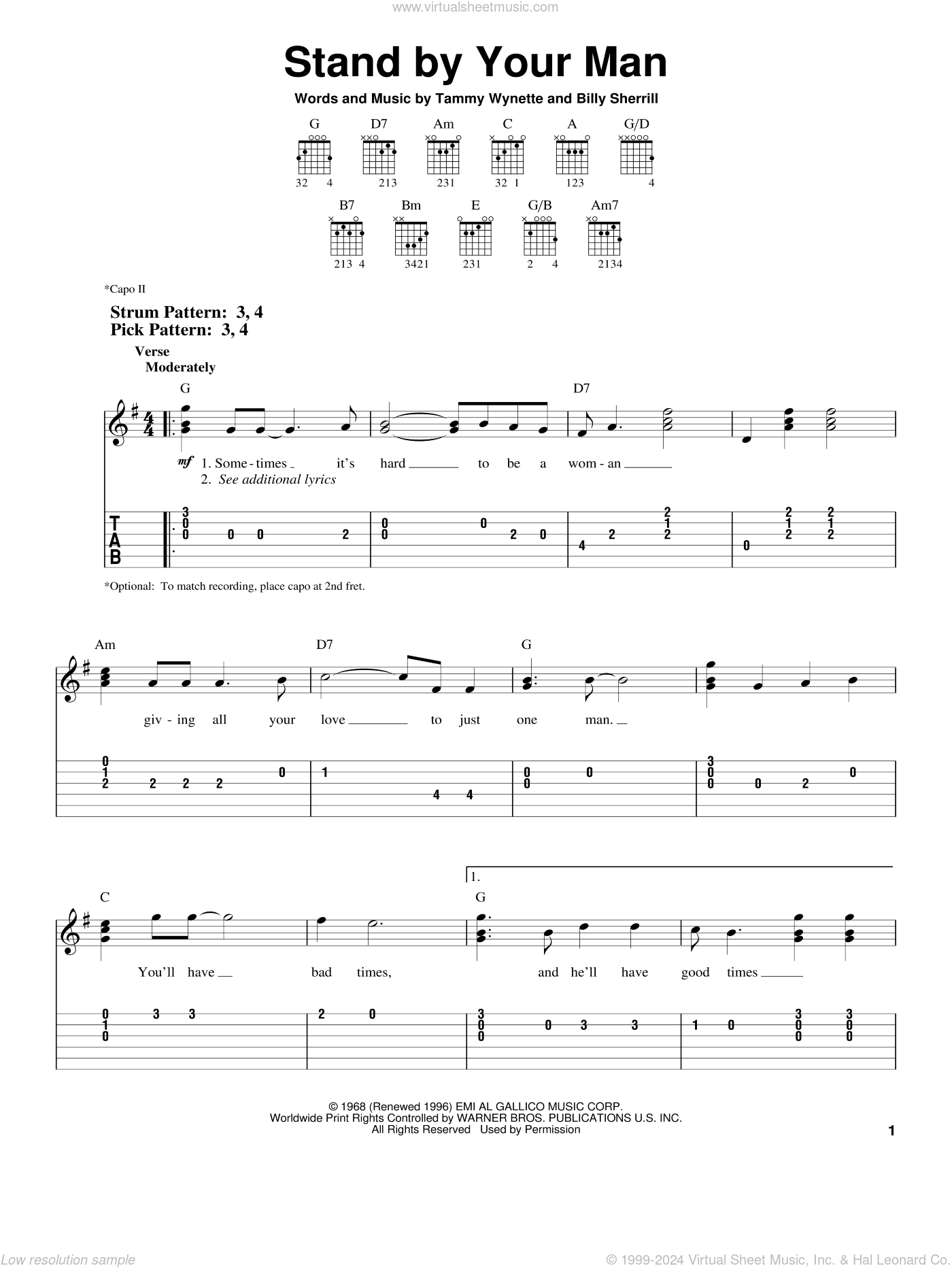 Wynette Stand By Your Man Sheet Music For Guitar Solo Easy Tablature