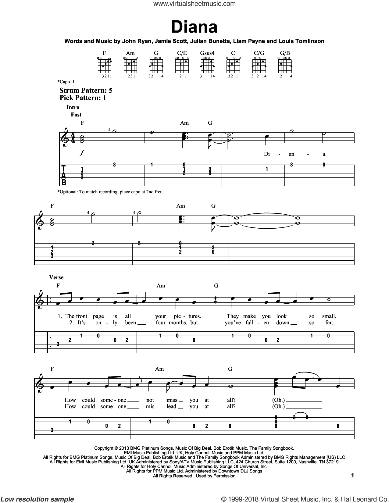 Diana sheet music for guitar solo (easy tablature) (PDF)