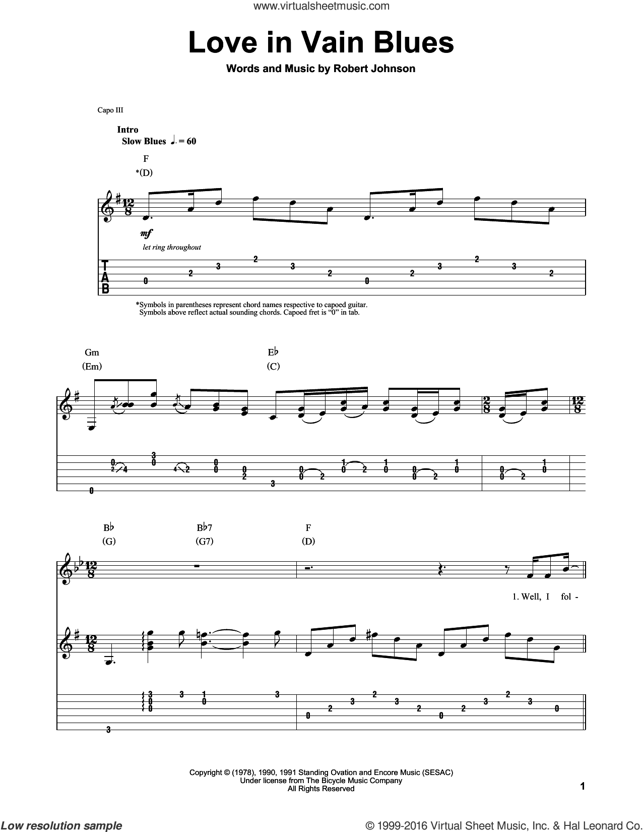 Love In Vain Blues sheet music for guitar (tablature, play-along) v2