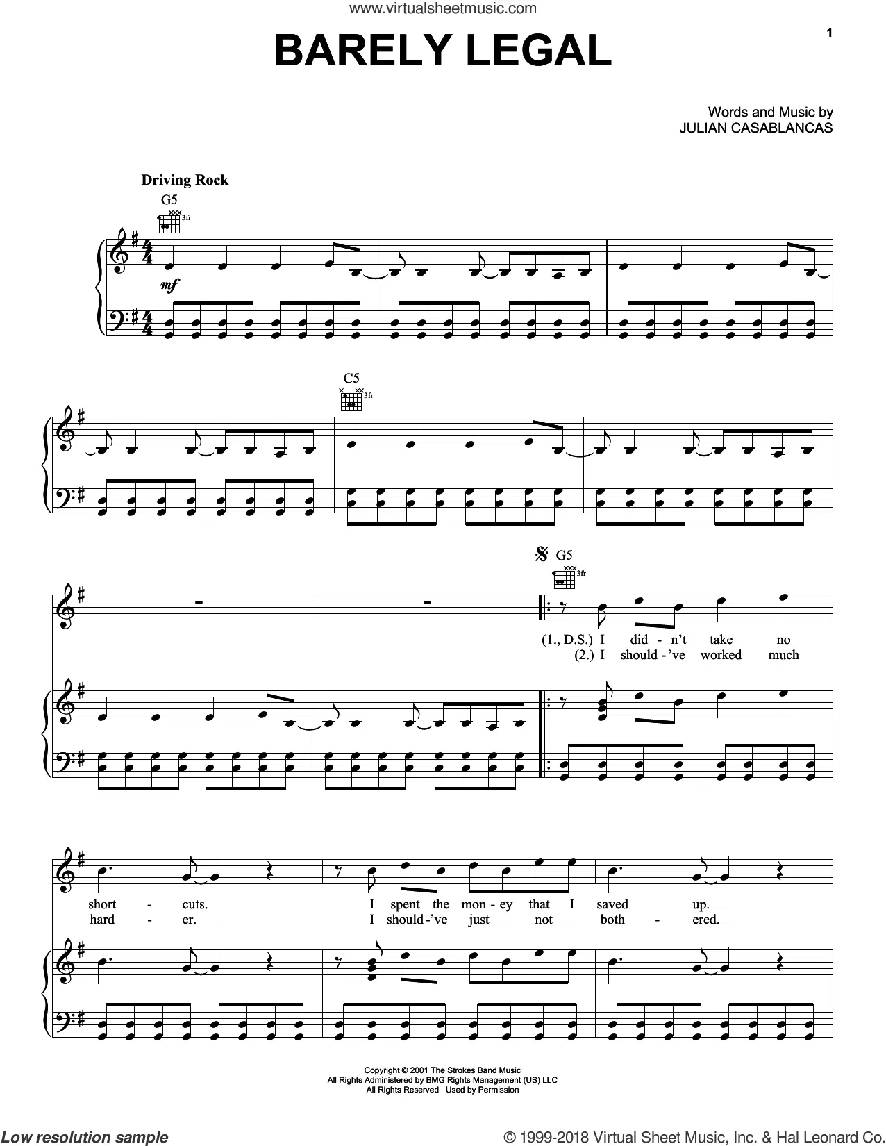 You only live once – The Strokes . Sheet music for Clarinet in b-flat,  Guitar, Bass guitar, Drum group (Mixed Ensemble)