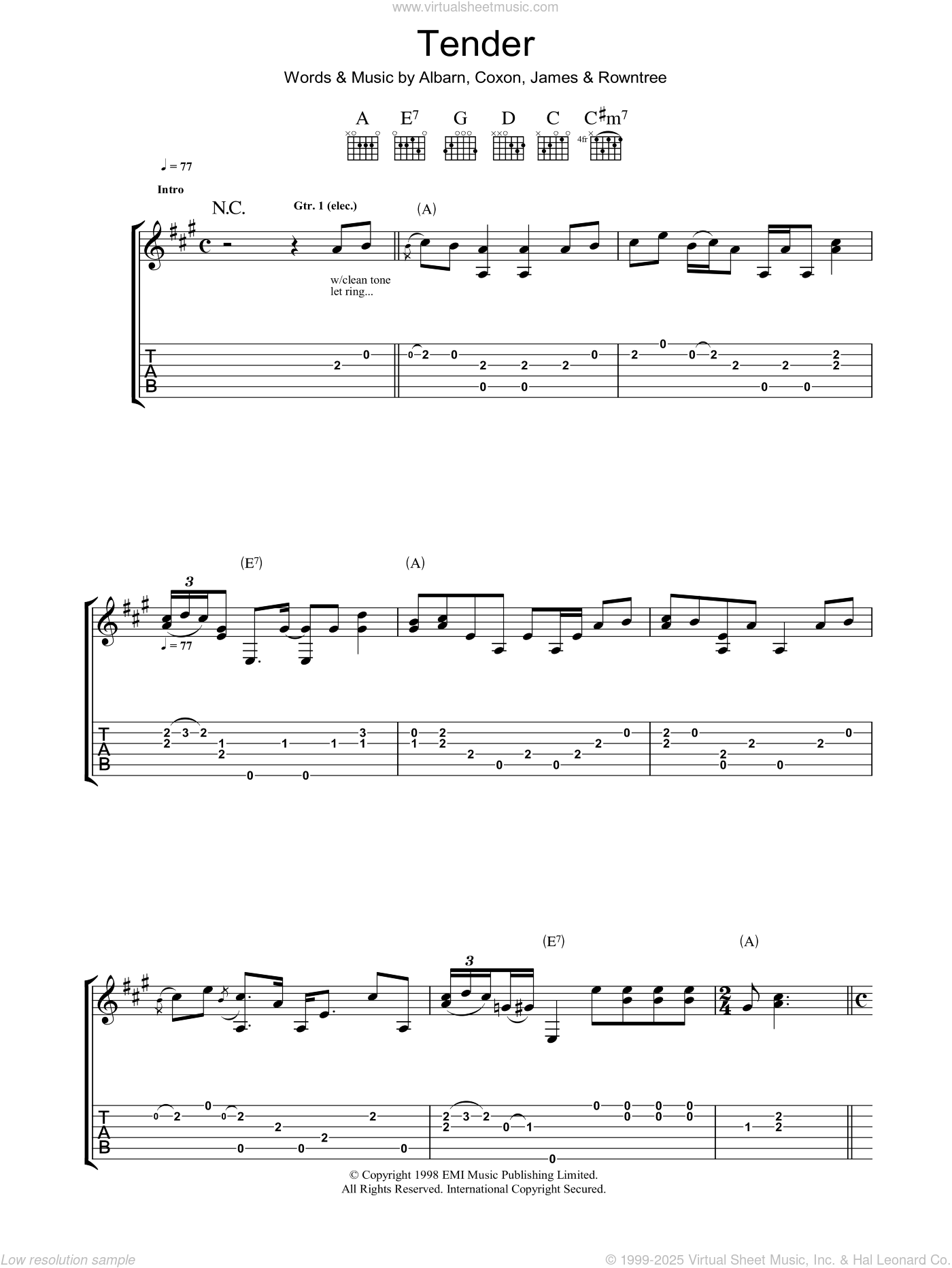 Blur - Tender sheet music for guitar (tablature) [PDF]