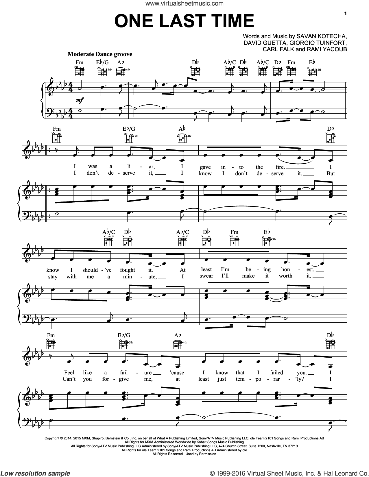 Grande One Last Time Sheet Music For Voice Piano Or Guitar