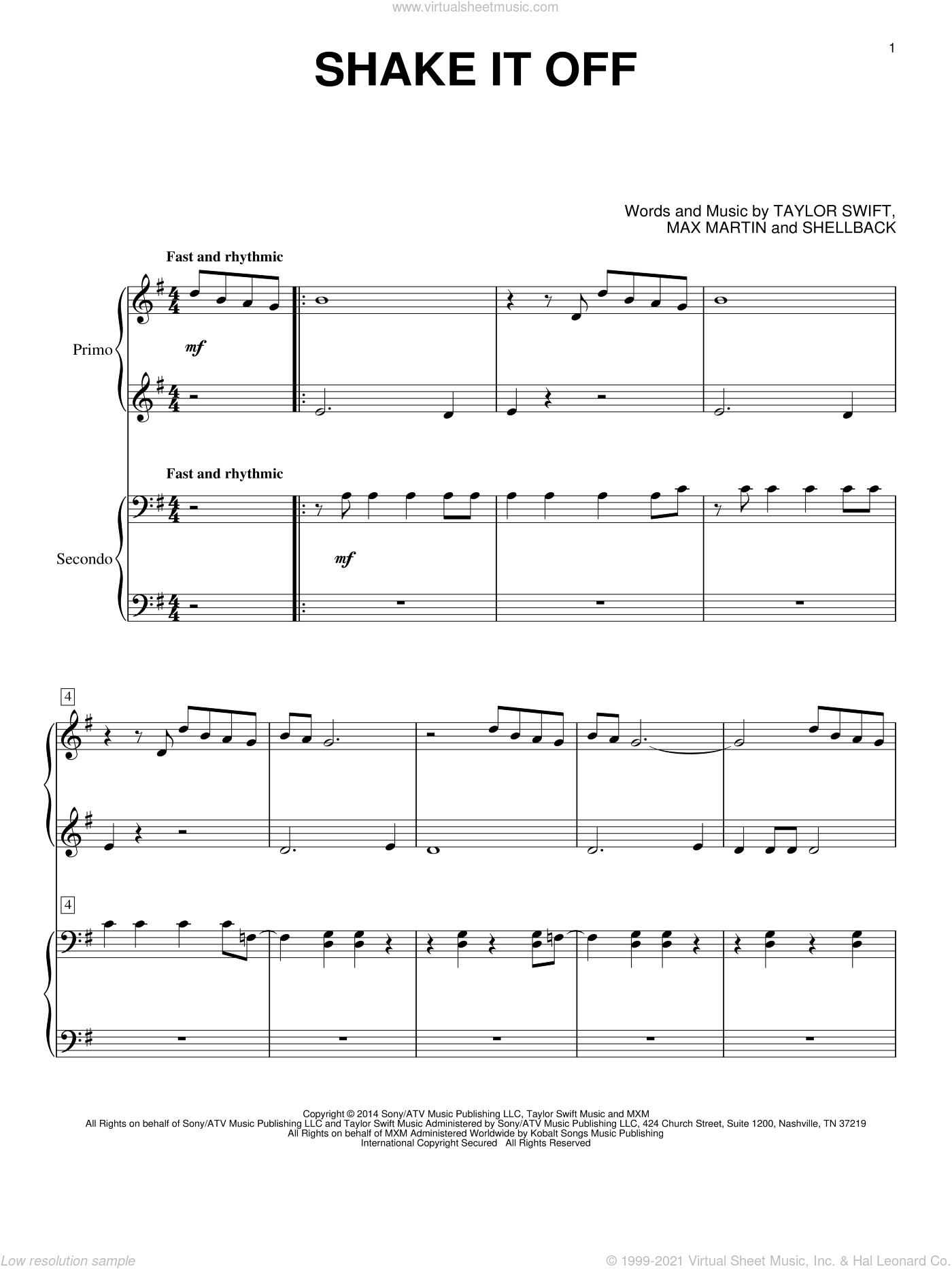 Swift Shake It Off Sheet Music For Piano Four Hands Pdf