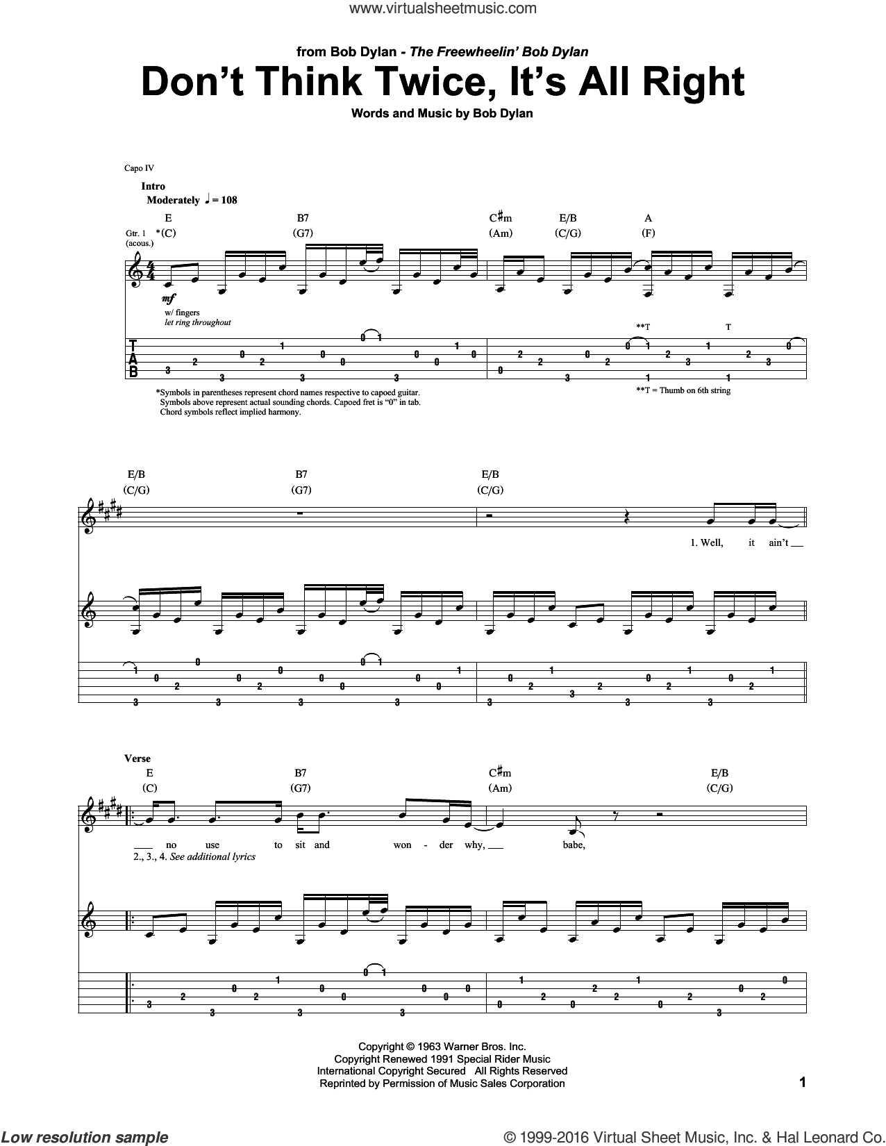 Dylan Don T Think Twice It S All Right Sheet Music For Guitar Tablature