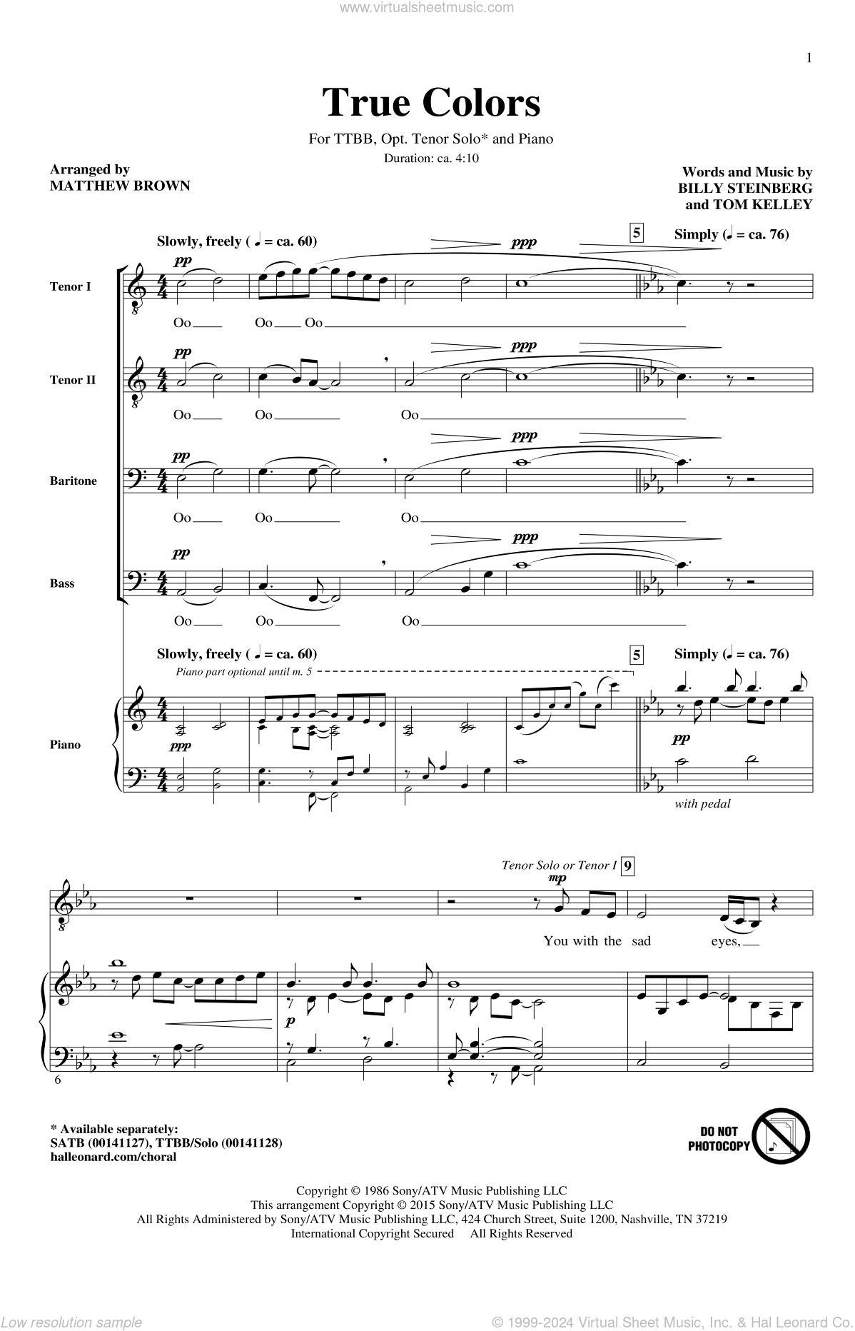Steinberg True Colors sheet music for choir (TTBB tenor, bass)