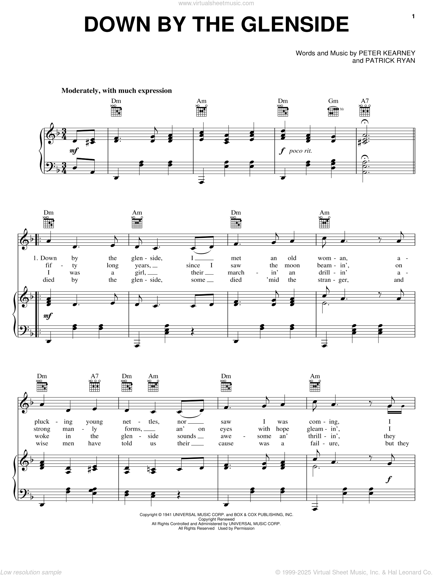 Down By The Glenside sheet music for voice, piano or guitar (PDF)