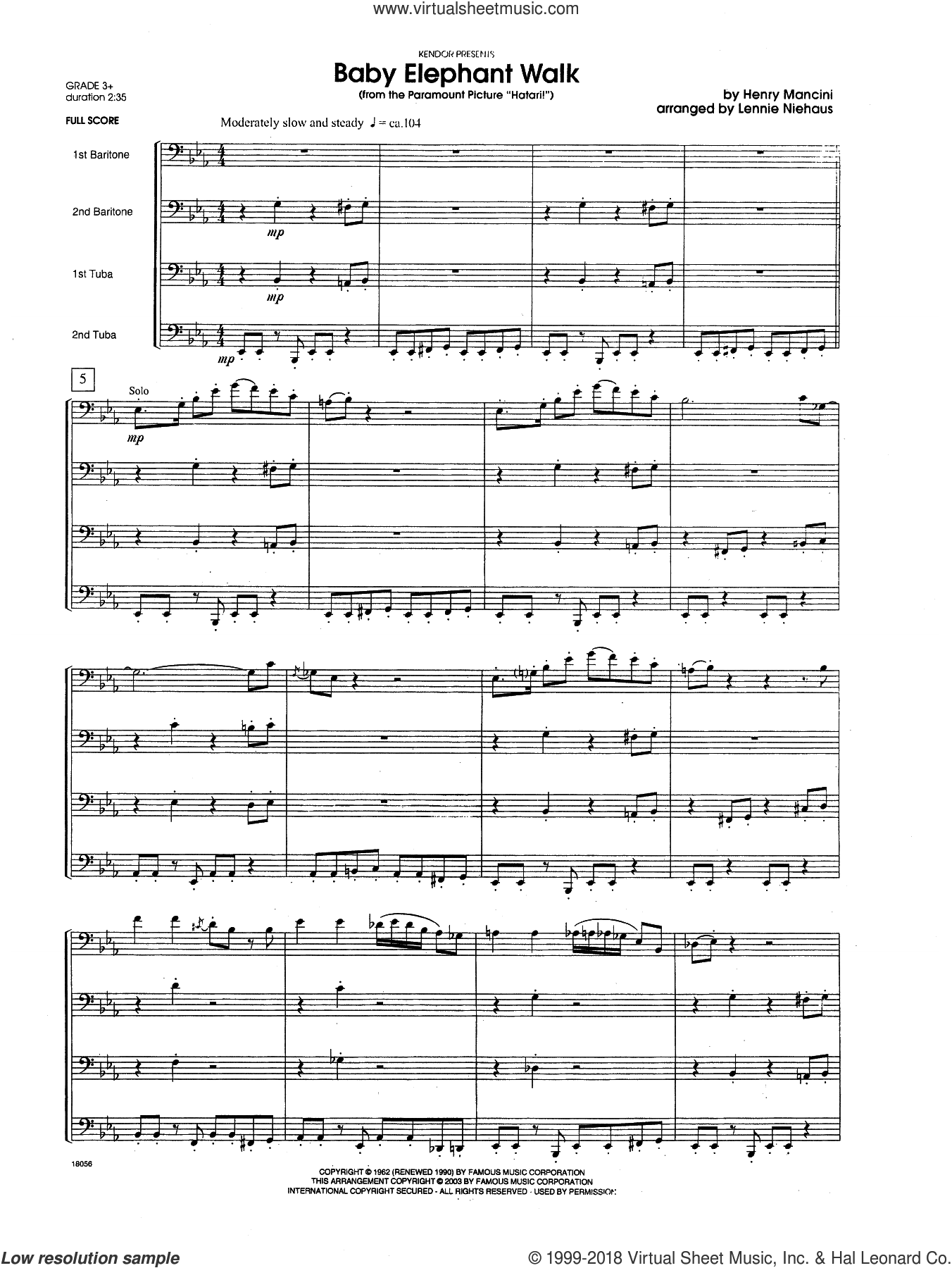 Mancini Baby Elephant Walk From The Paramount Picture Hatari Sheet Music Complete Collection For Brass Quartet