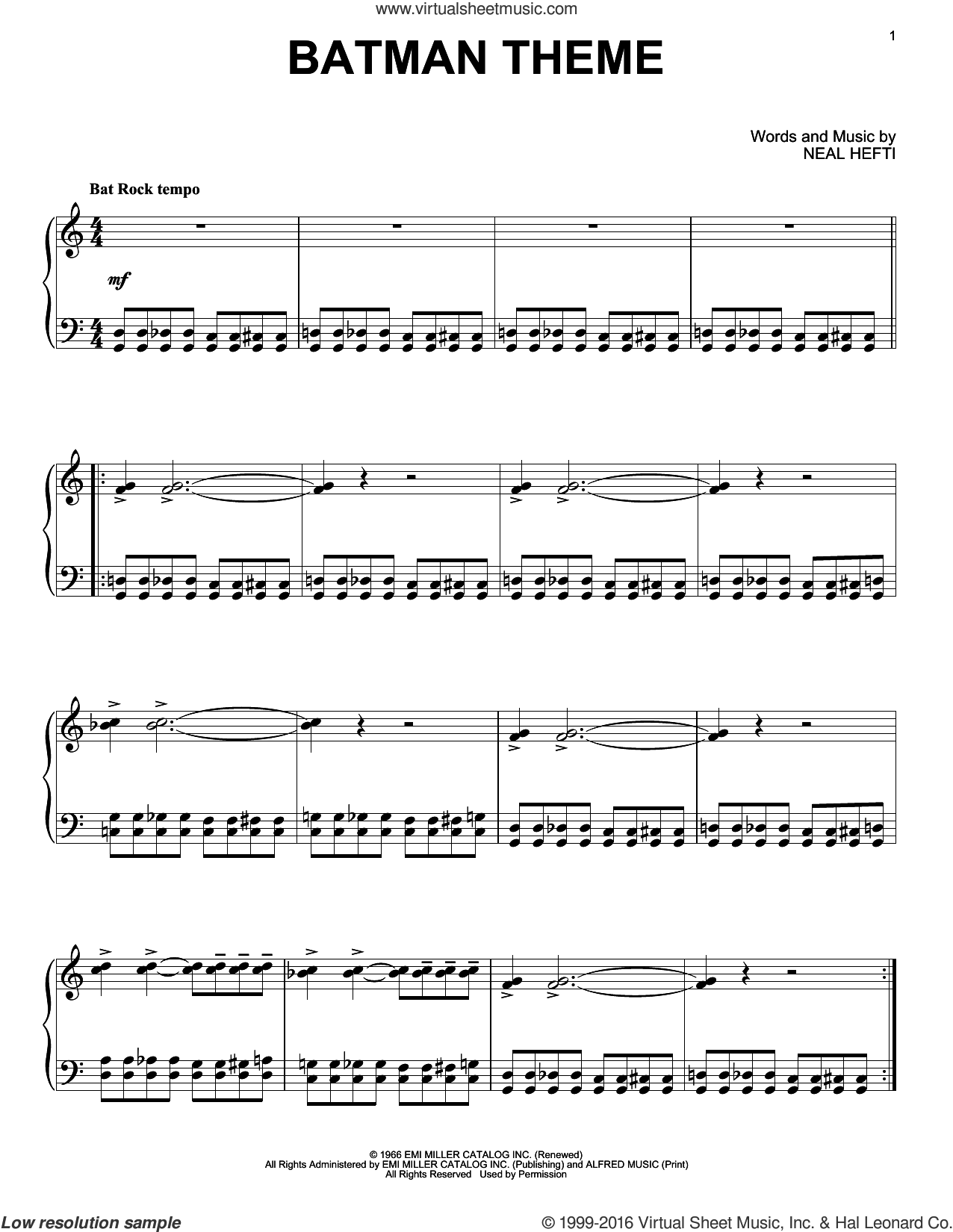 Batman Theme, (intermediate) sheet music for piano solo (PDF)