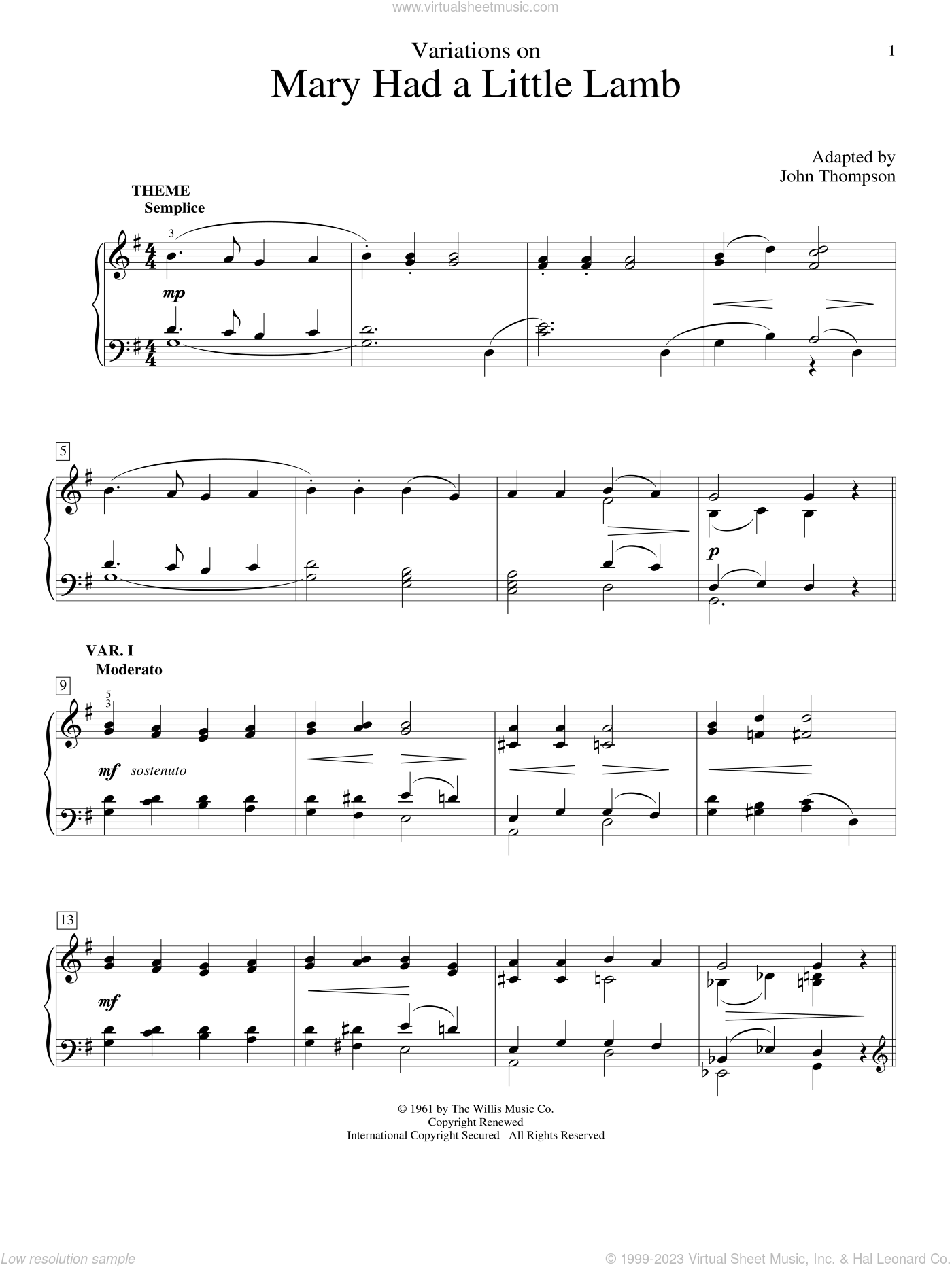 Thompson Variations On Mary Had A Little Lamb Sheet Music For Piano Solo Elementary