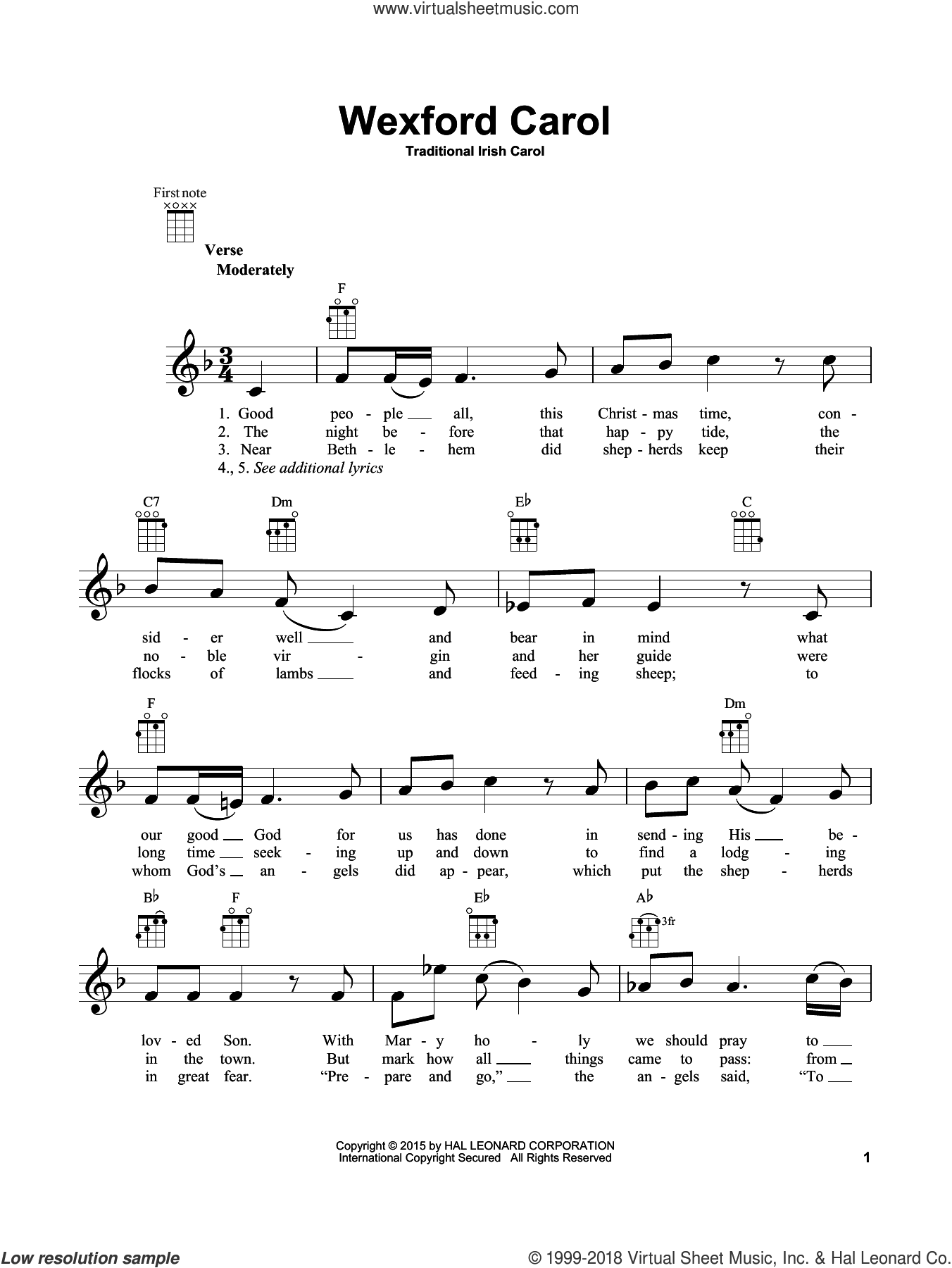 Wexford Carol sheet music for ukulele (PDFinteractive)