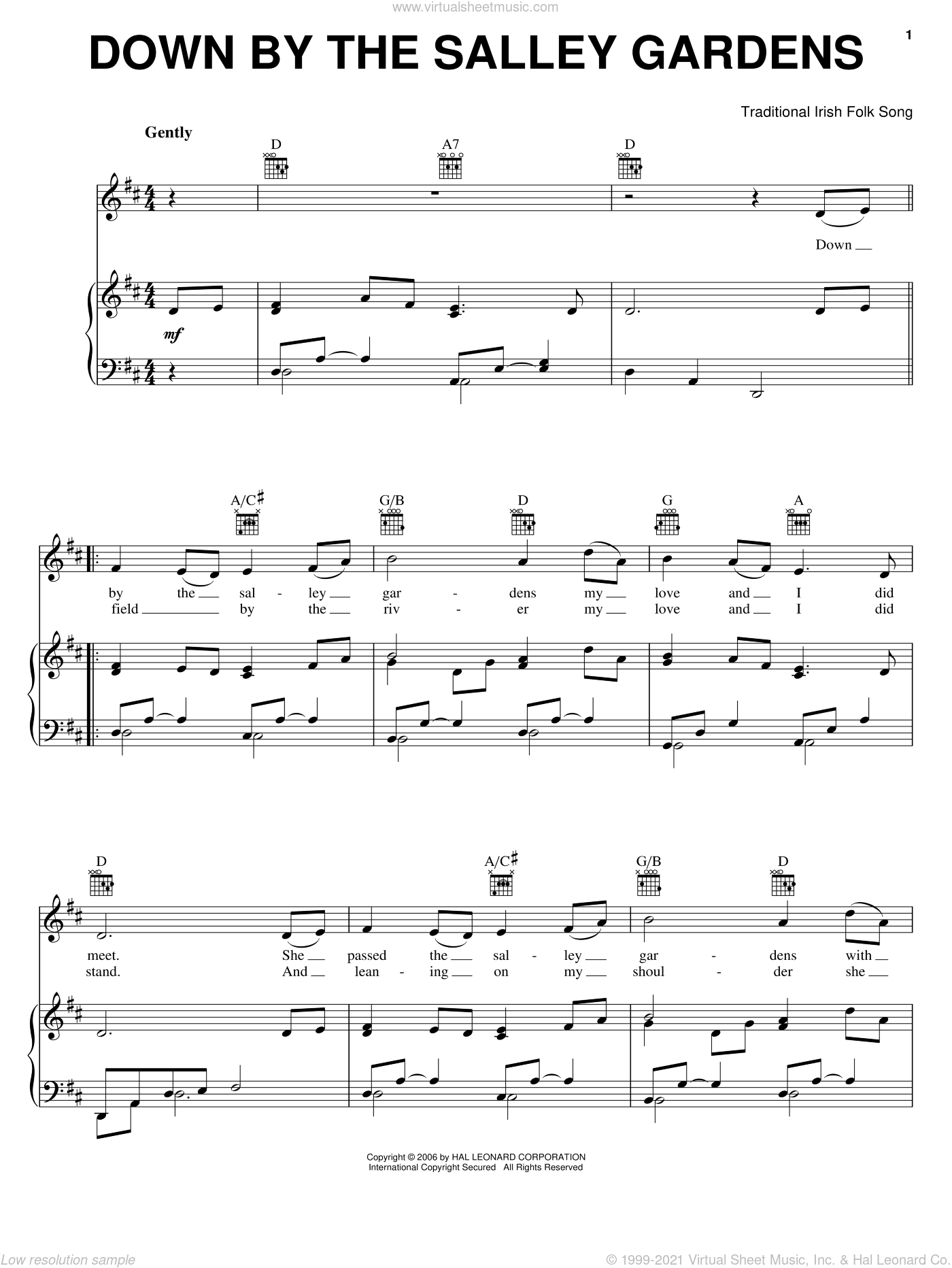 Down By The Sally Gardens Sheet Music For Voice Piano Or Guitar