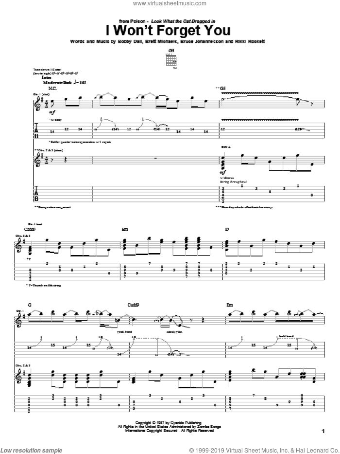 I Won't Forget You sheet music for guitar (tablature) (PDF)