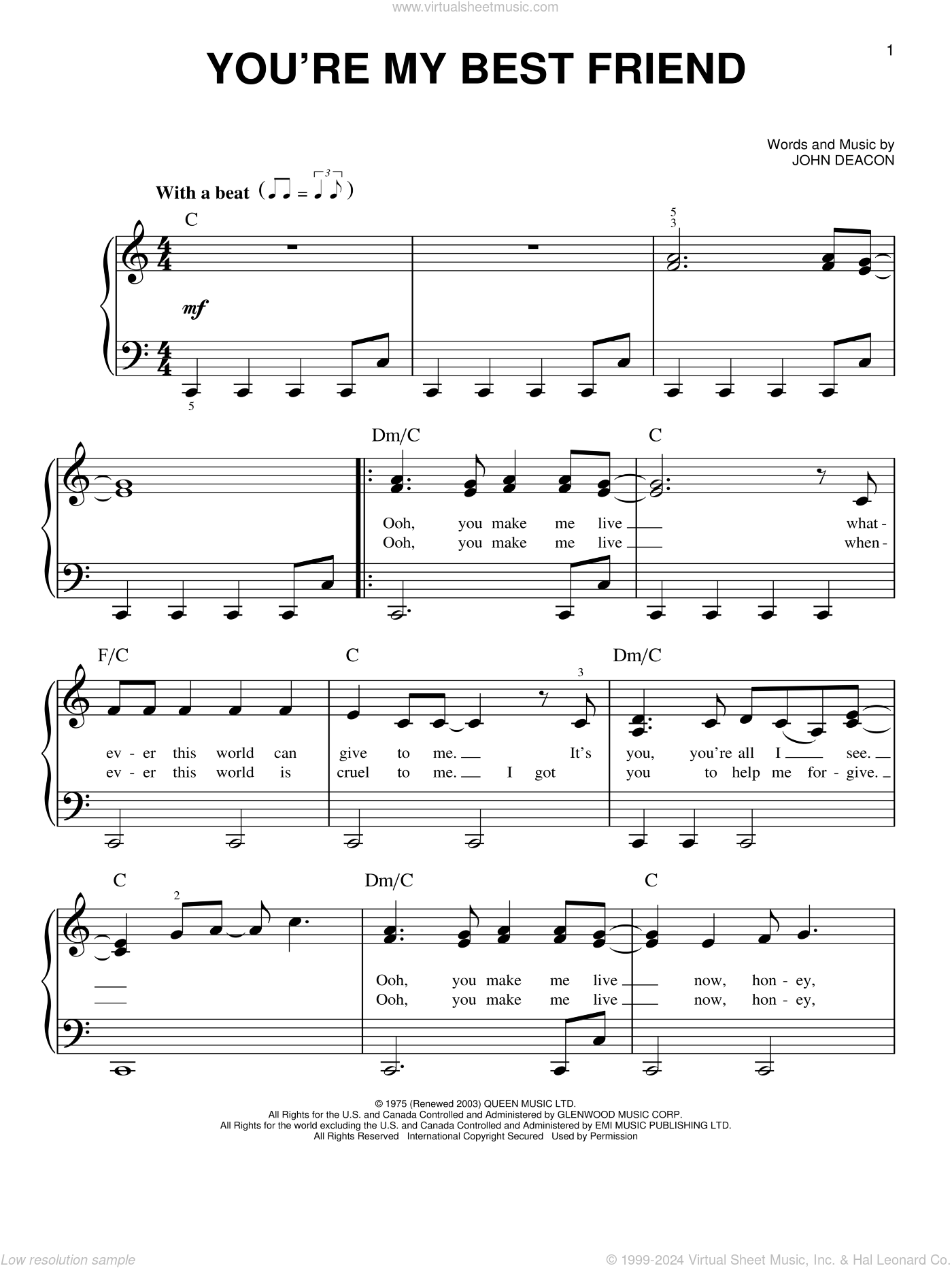 Queen You�re My Best Friend sheet music (easy) for piano