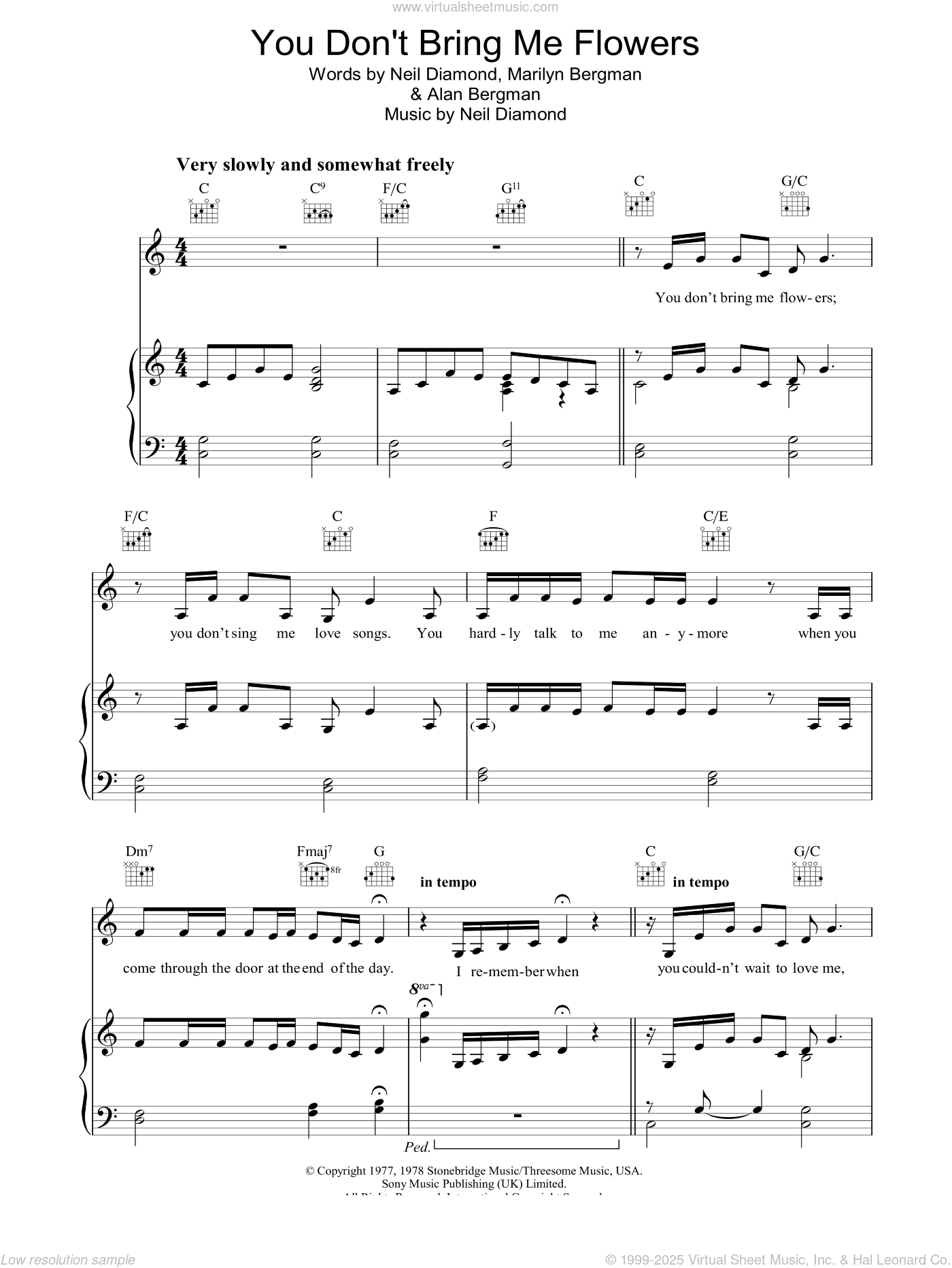 You Don't Bring Me Flowers sheet music for voice, piano or guitar v2