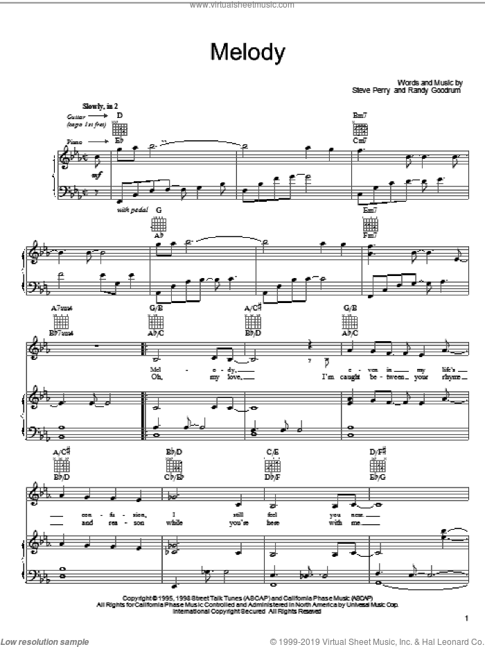Melody sheet music for voice, piano or guitar (PDF-interactive)