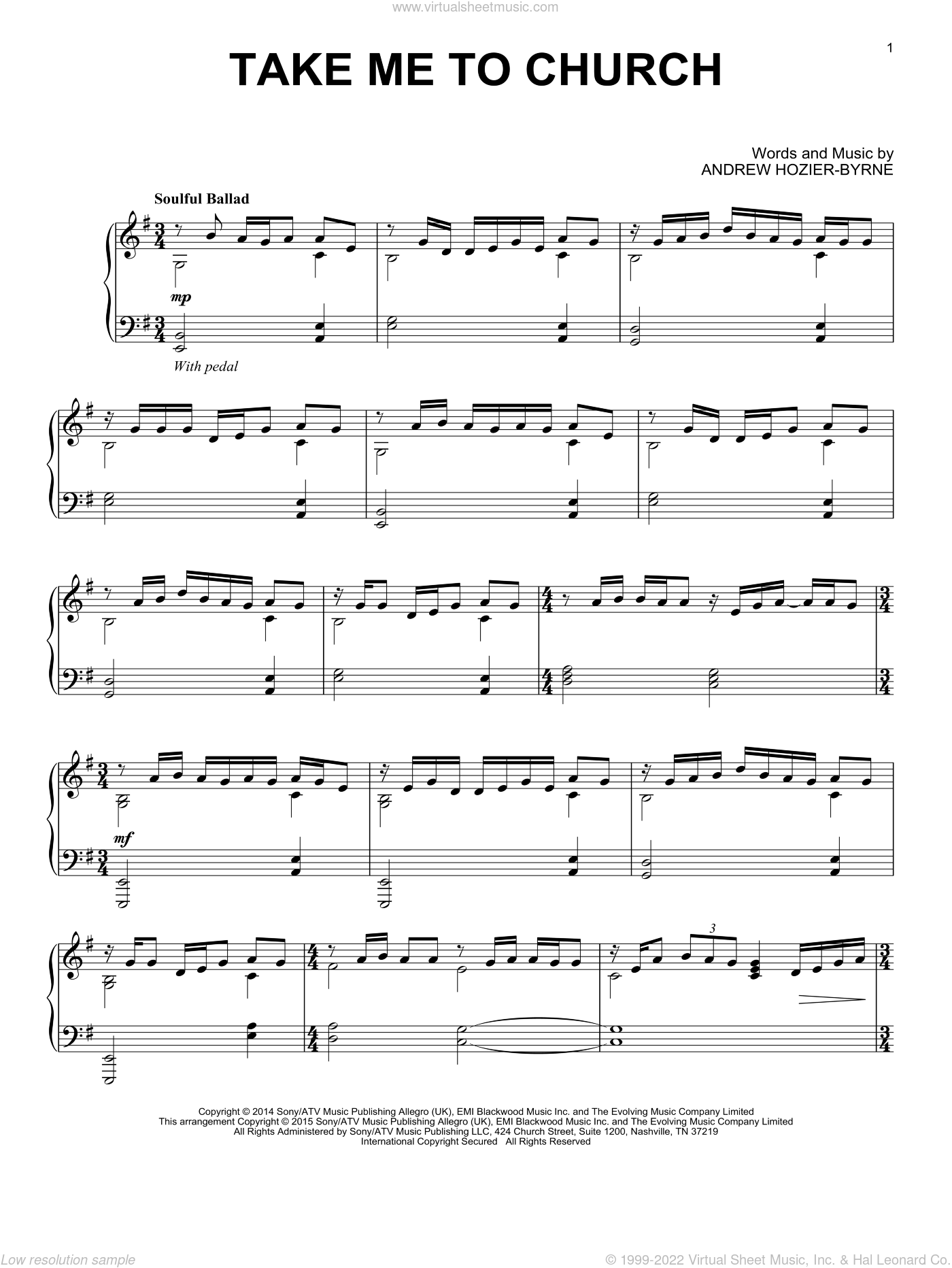 Hozier - Take Me To Church, (intermediate) sheet music for piano solo.