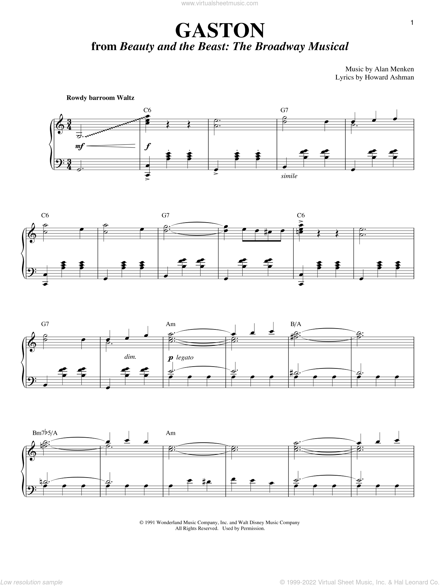 Menken Gaston From Beauty And The Beast Sheet Music For Voice And Piano