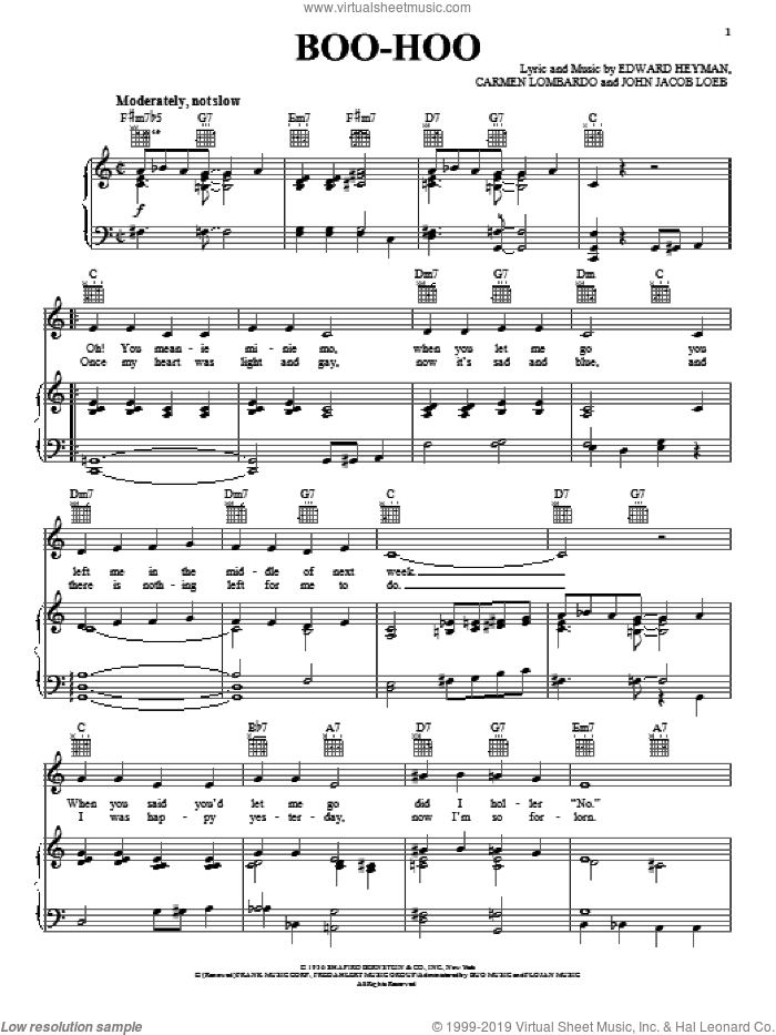 Boo-hoo Sheet Music For Voice, Piano Or Guitar (pdf-interactive)