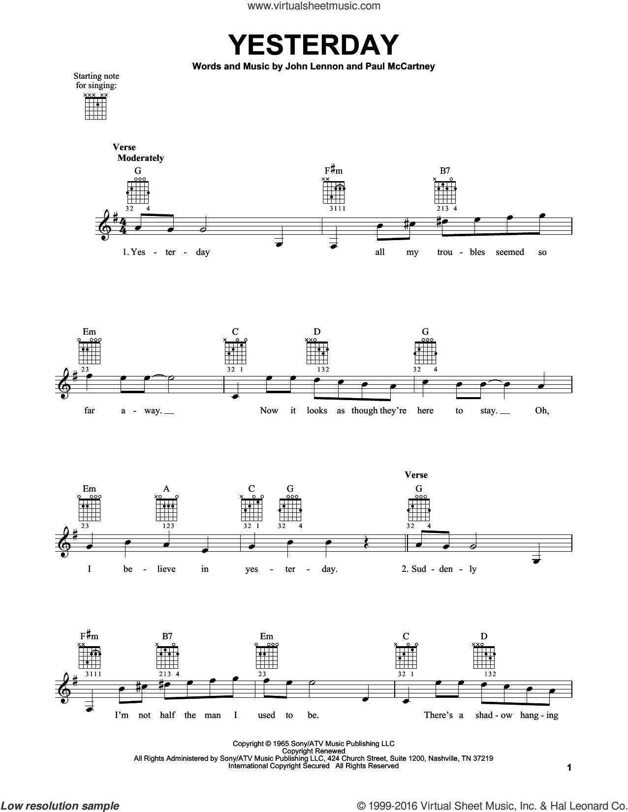 Beatles Yesterday Sheet Music Easy For Guitar Solo Chords