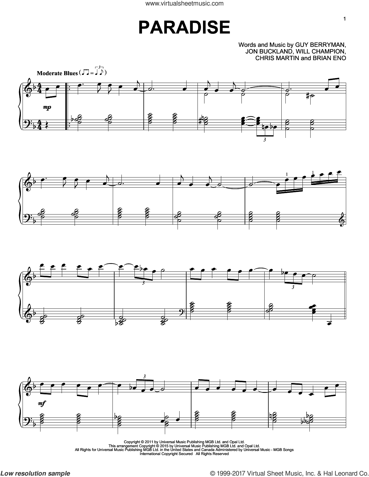 Coldplay - Paradise [Jazz version] sheet music for piano solo