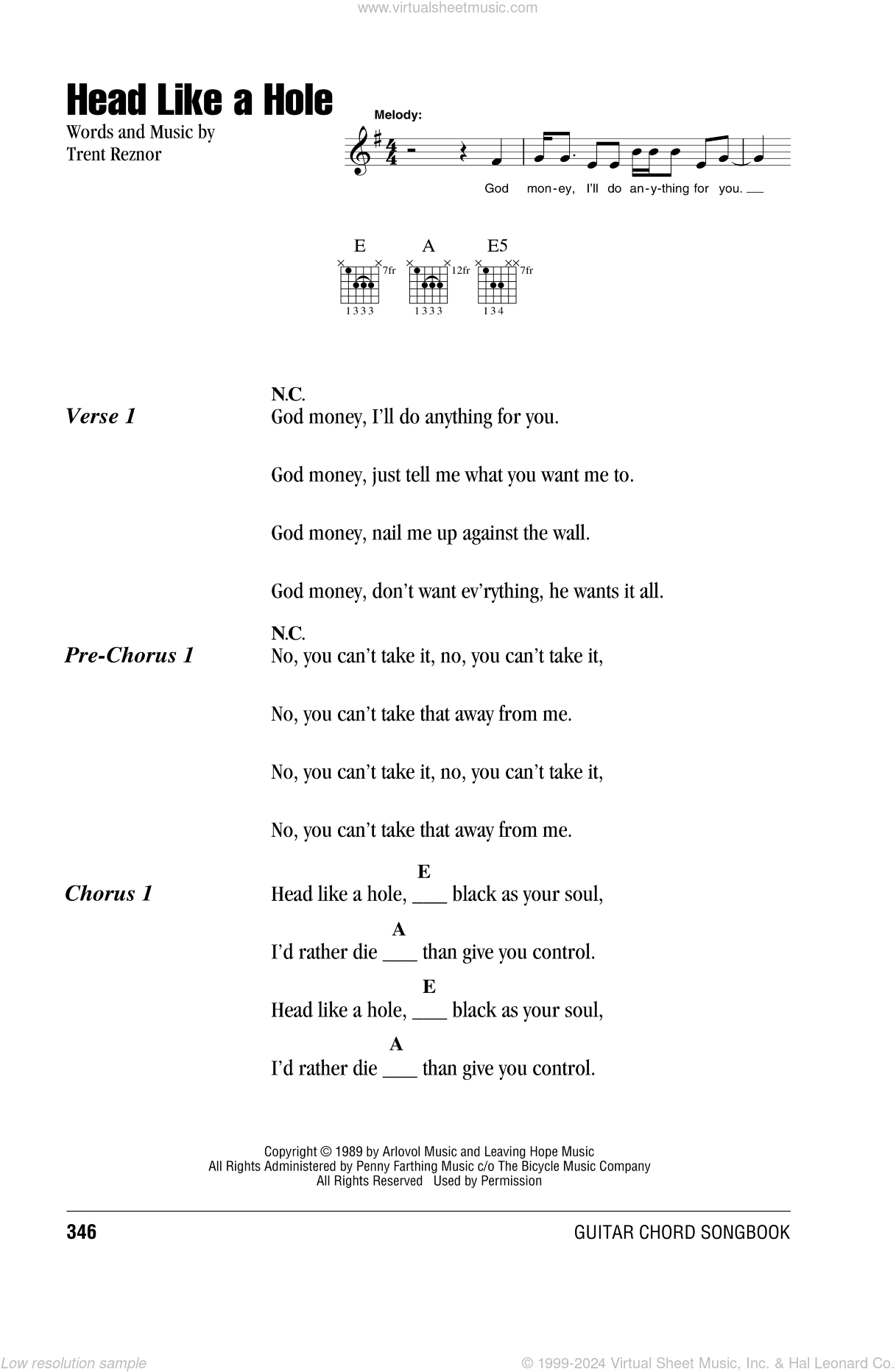 Head Like A Hole sheet music for guitar (chords) (PDF)