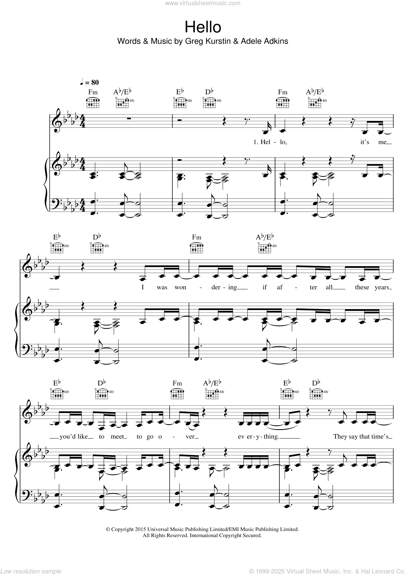 Hello sheet music for voice, piano or guitar (PDF-interactive)