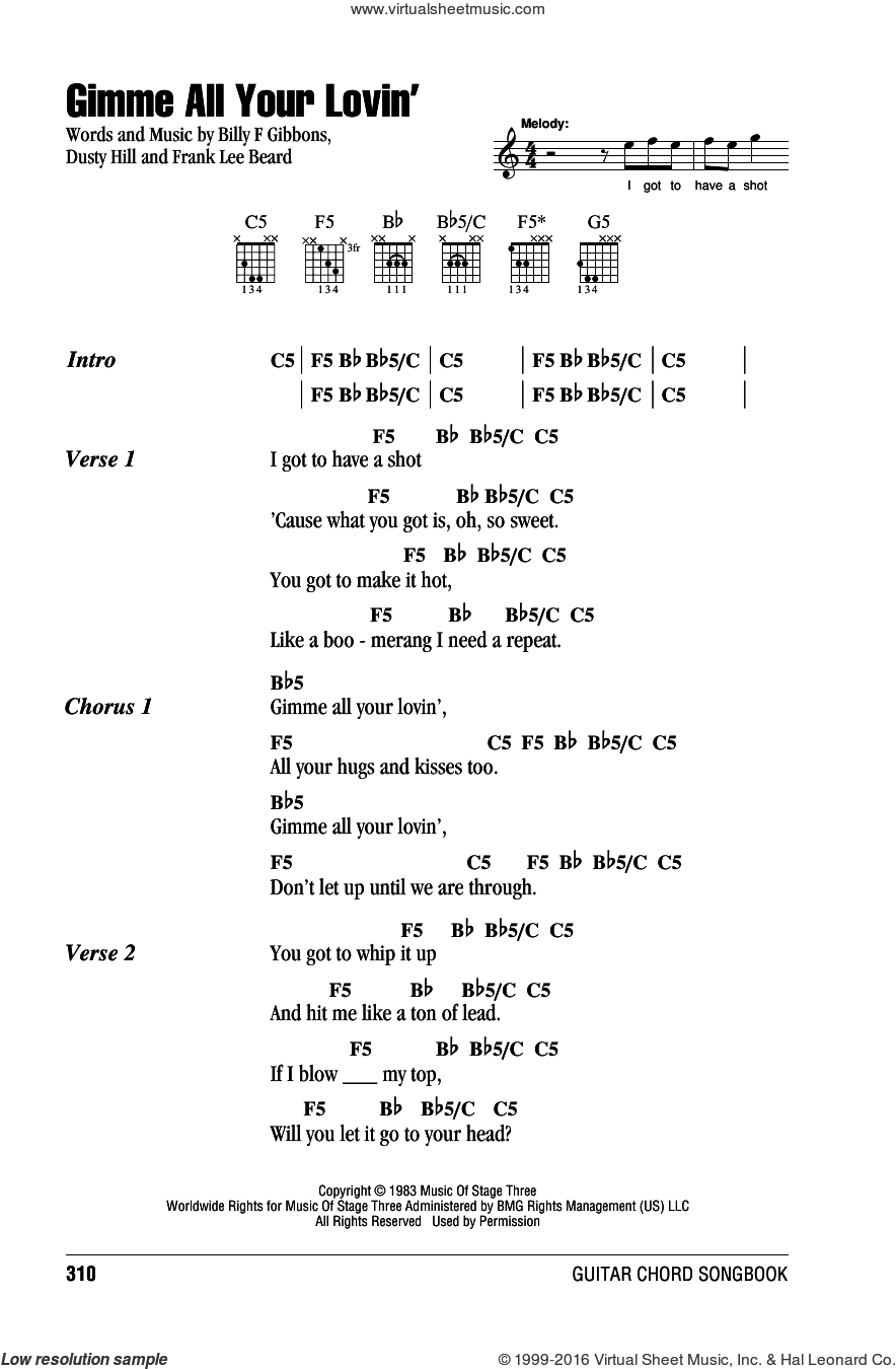 Gimme All Your Lovin' sheet music for guitar (chords) (PDF)