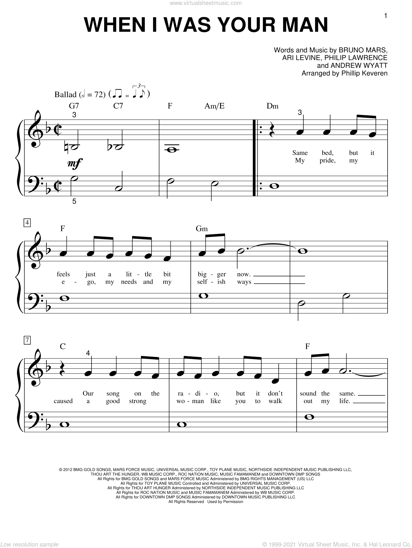Mars When I Was Your Man Sheet Music For Piano Solo Big Note