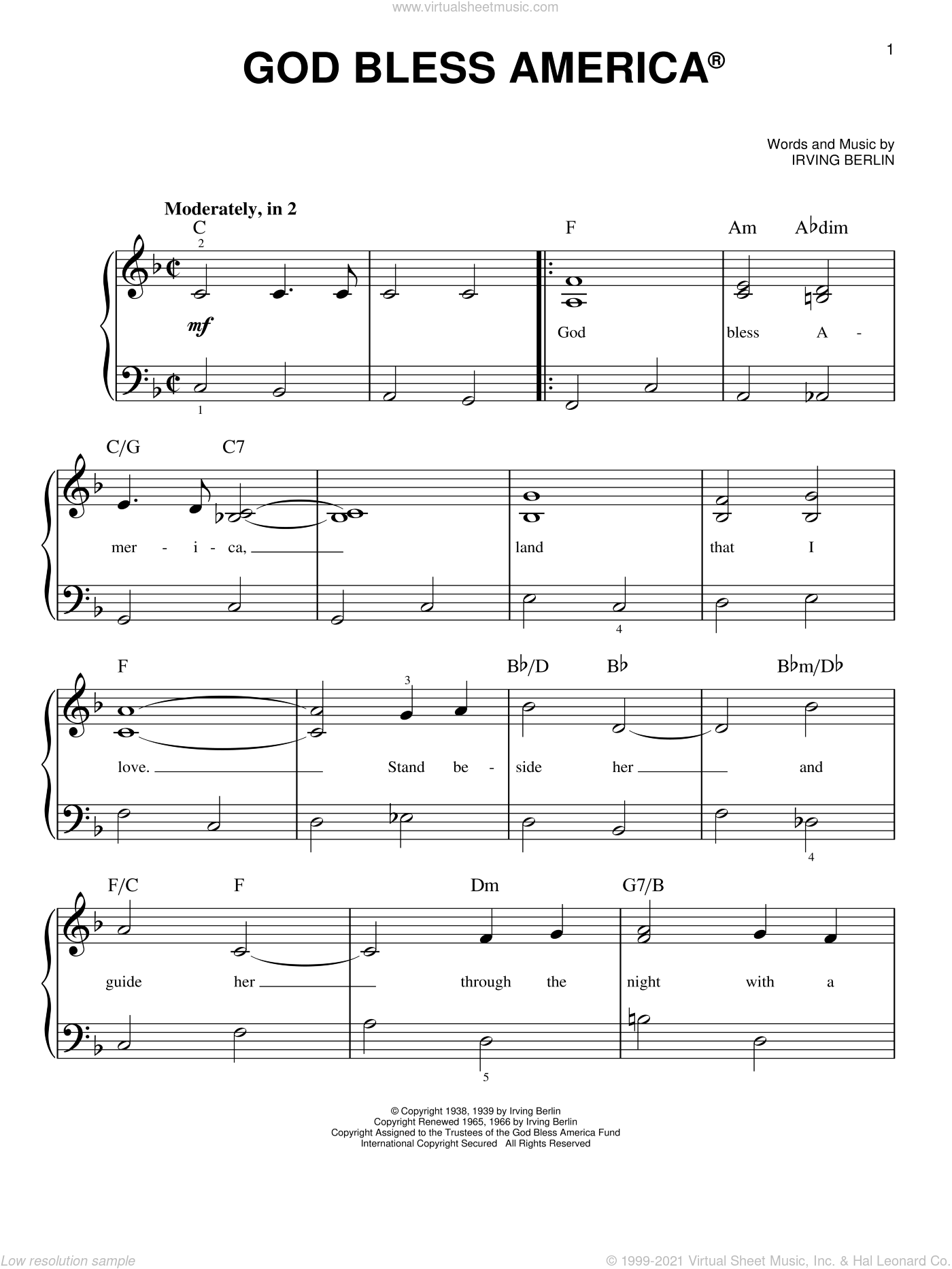 Berlin God Bless America sheet music for piano solo (PDF)