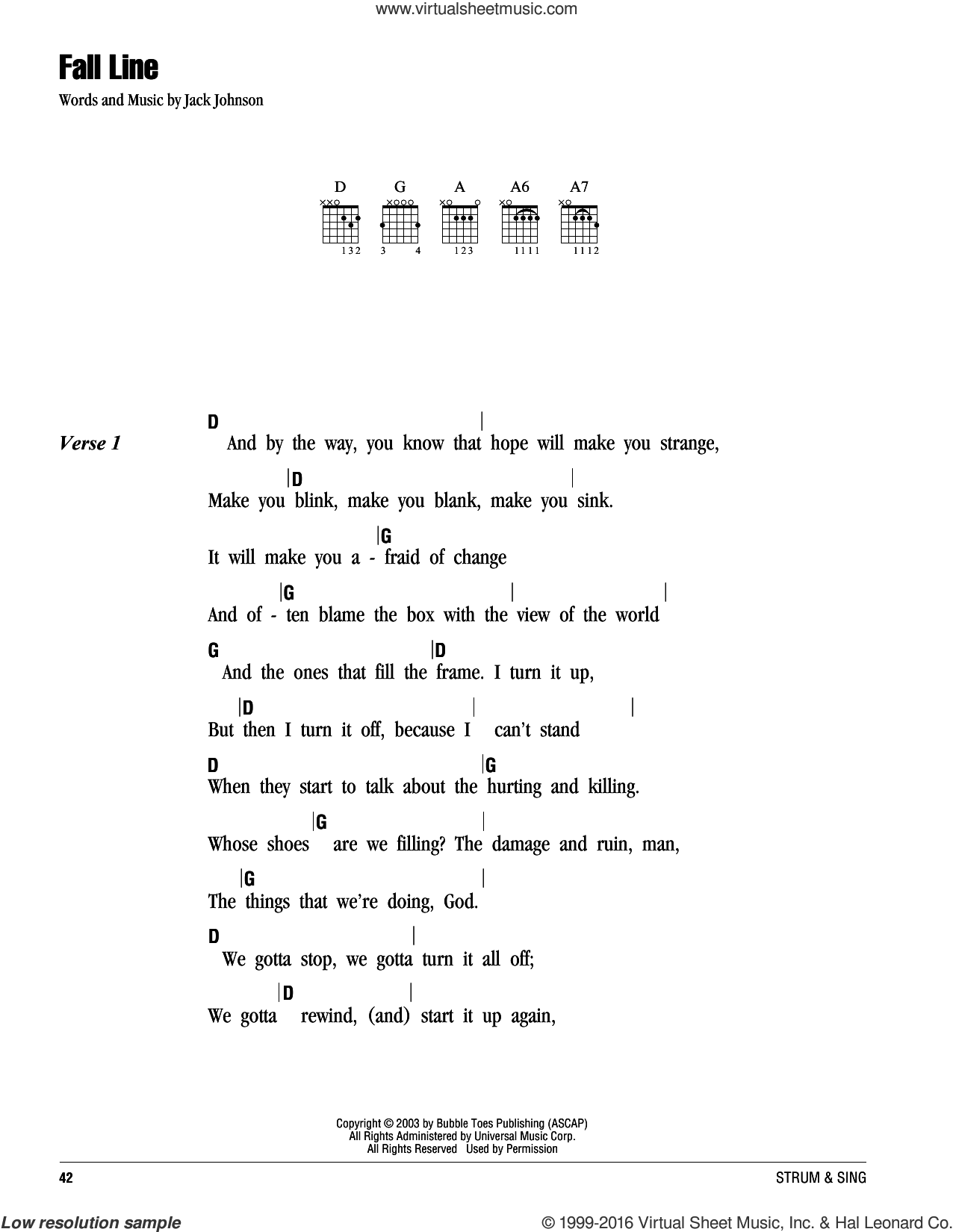Fall Line sheet music for guitar (chords) (PDF) v2