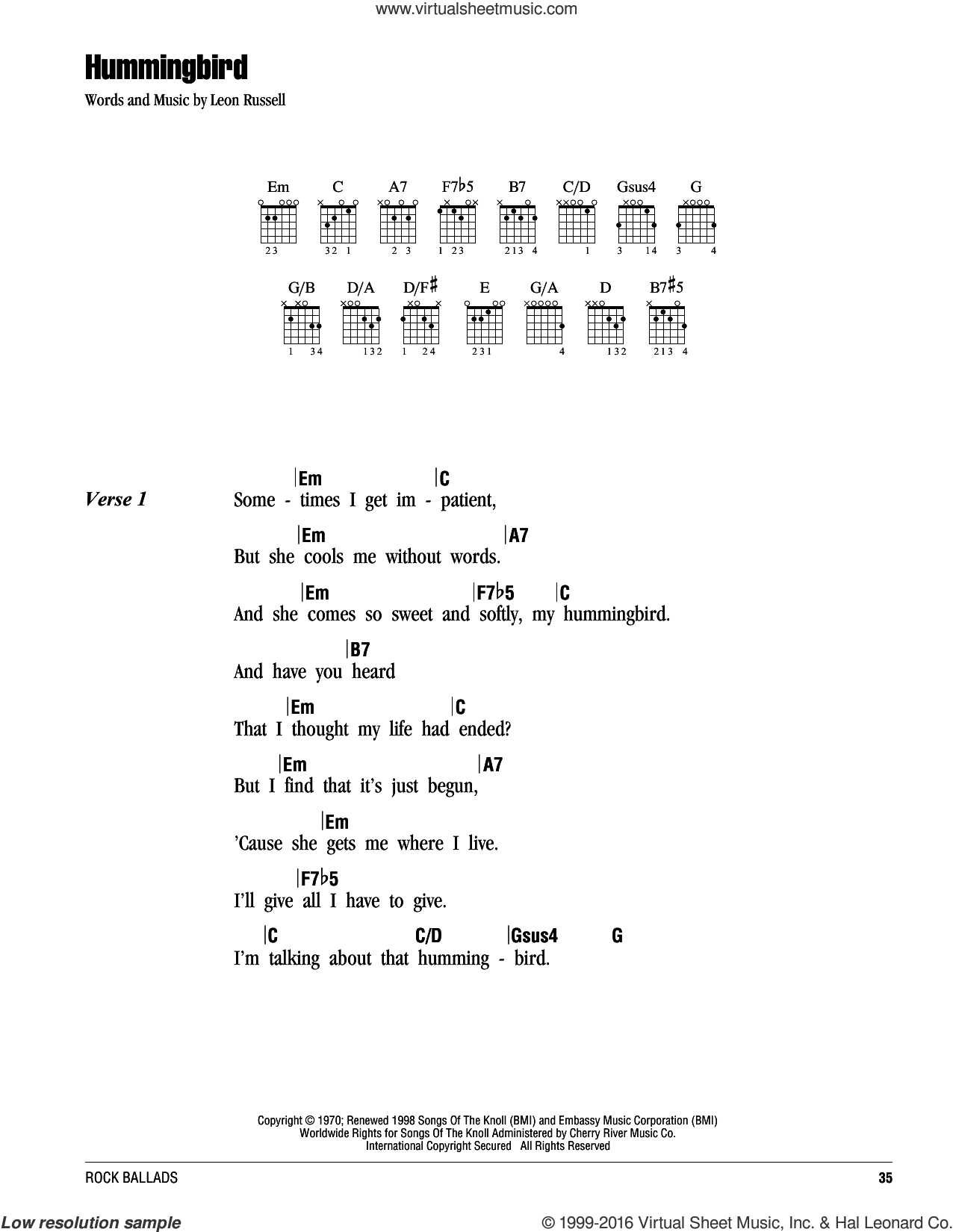 Leon Russell: Hummingbird sheet music for guitar (chords) (PDF)