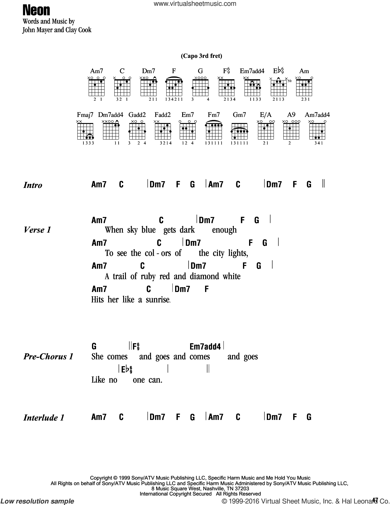 Download & Print Neon for guitar (chords) by John Mayer. 