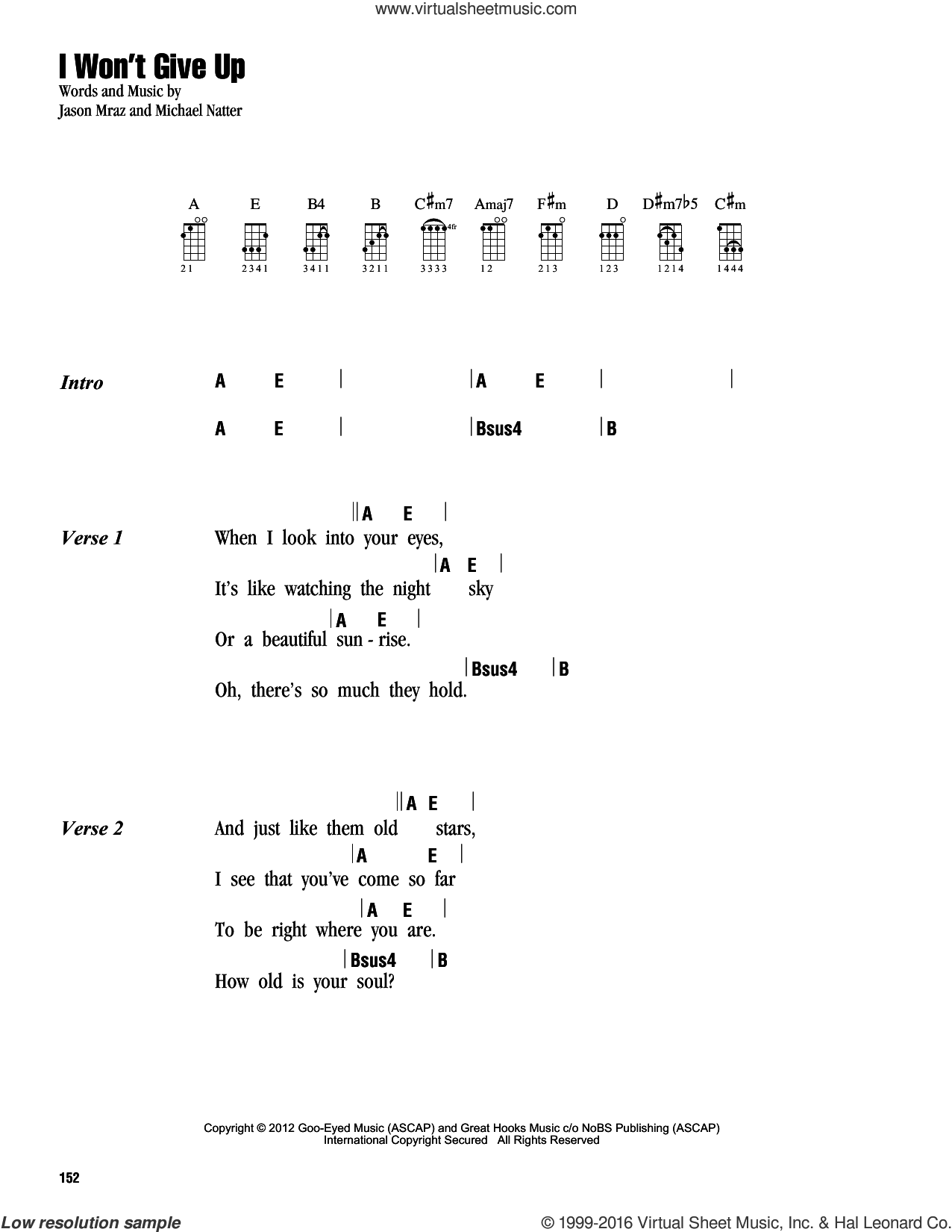 Jason Mraz: I Won't Give Up for ukulele (chords), intermediate sheet m...