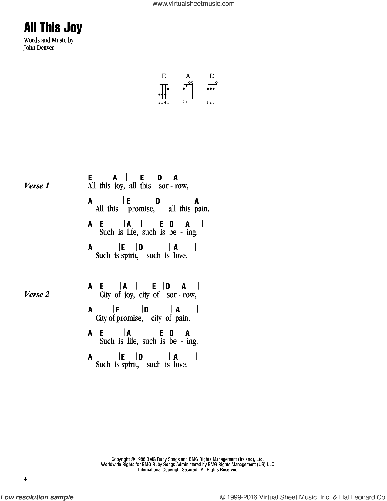Denver - All This Joy sheet music for ukulele (chords) PDF