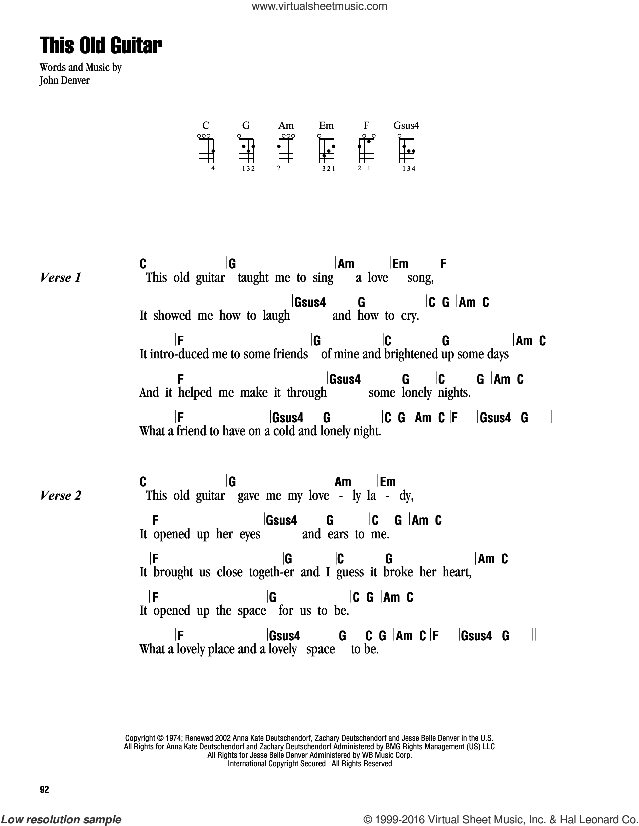 Denver This Old Guitar Sheet Music For Ukulele Chords Pdf