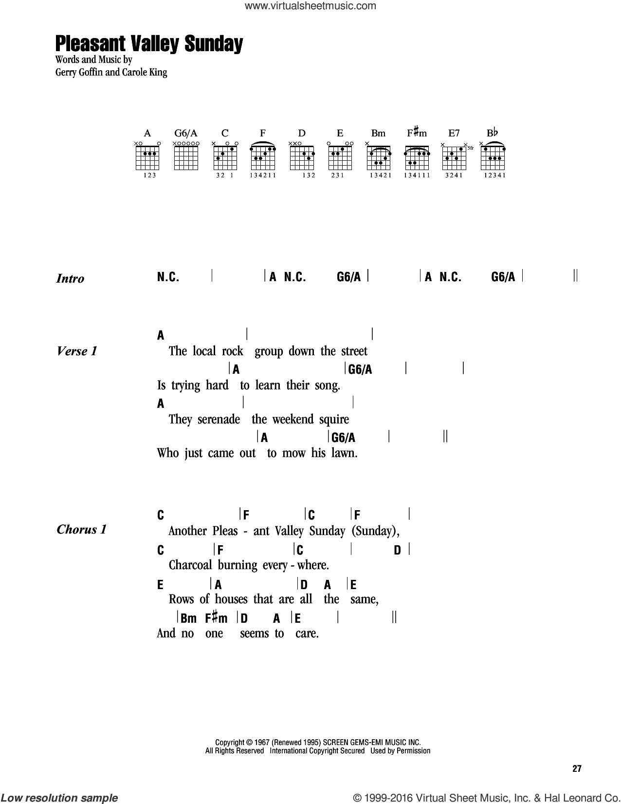 Pleasant Valley Sunday sheet music for guitar (chords) (PDF)