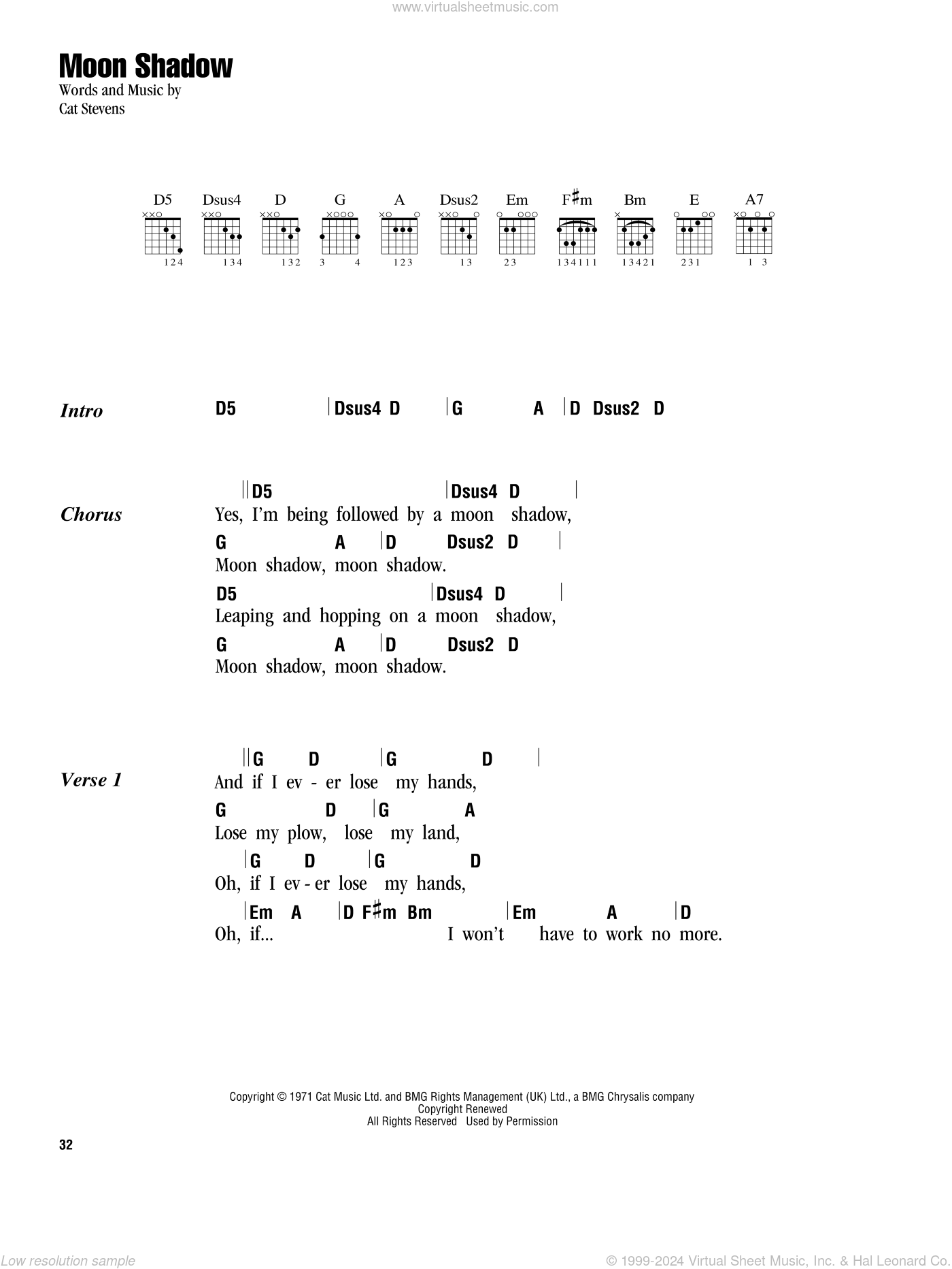 Moon Shadow sheet music for guitar (chords) (PDF)