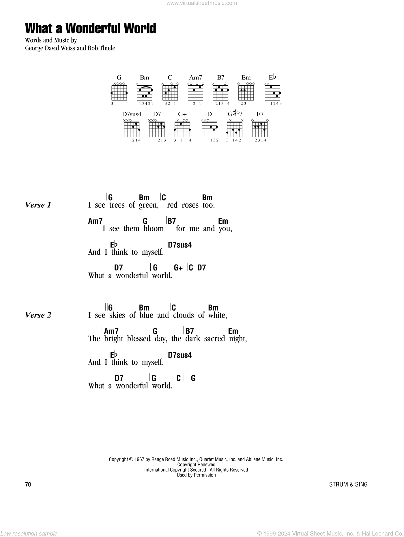 What A Wonderful World (Louis Armstrong) Guitar Chord Chart in G Major  (Tune down whole step for recording)