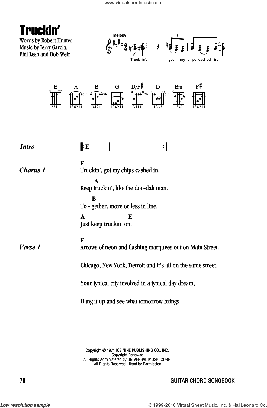 Truckin' sheet music for guitar (chords) (PDF)