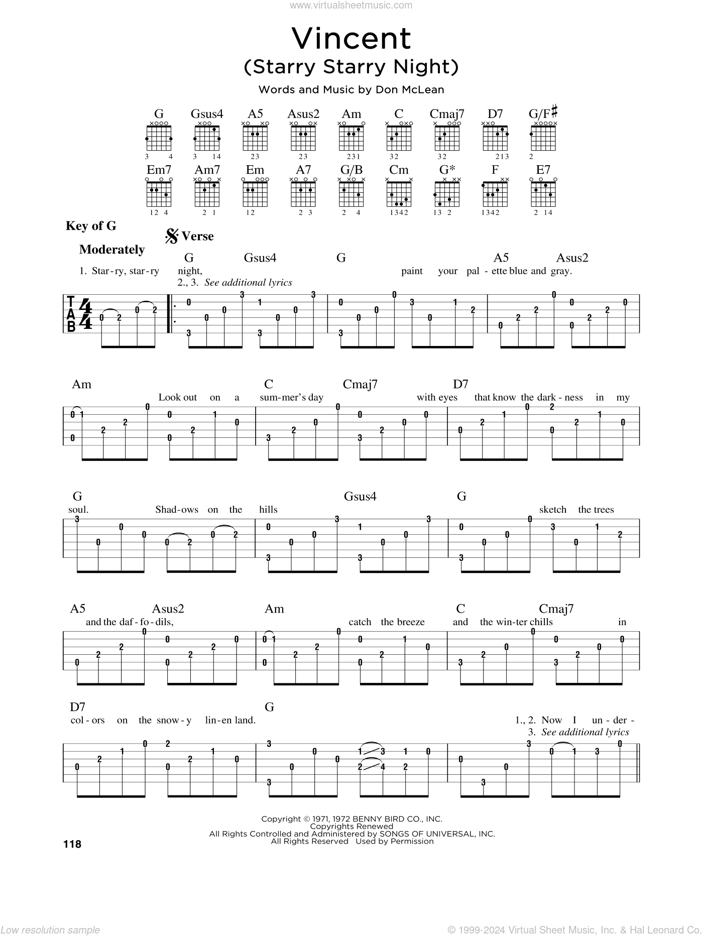 Vincent (Starry Starry Night) sheet music for guitar solo (lead