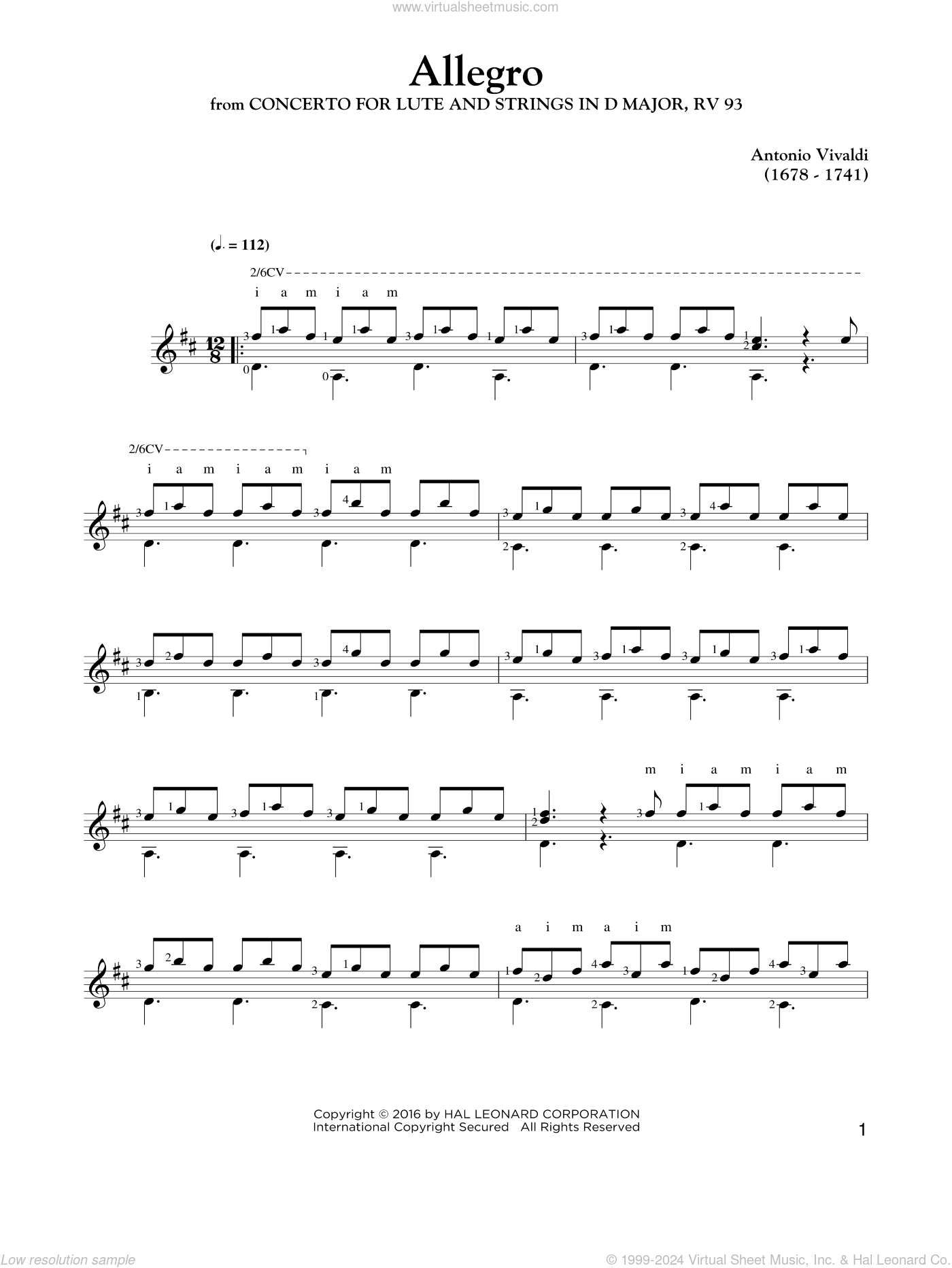 Antonio Vivaldi: Allegro sheet music for guitar solo (PDF)