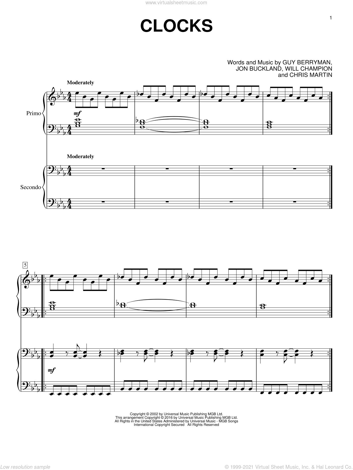 Berryman - Clocks sheet music for piano four hands [PDF]