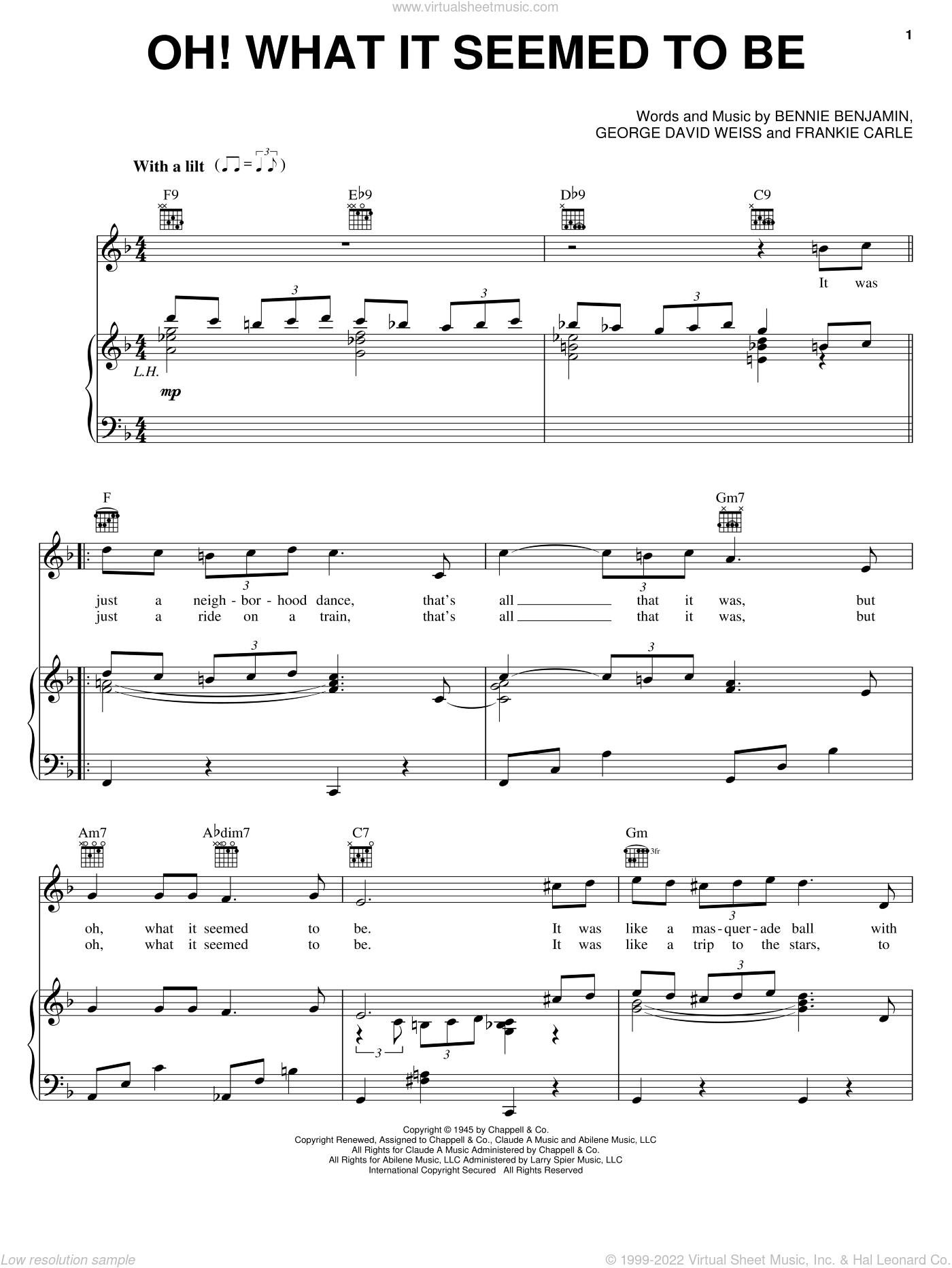 Oh! What It Seemed To Be sheet music for voice, piano or guitar